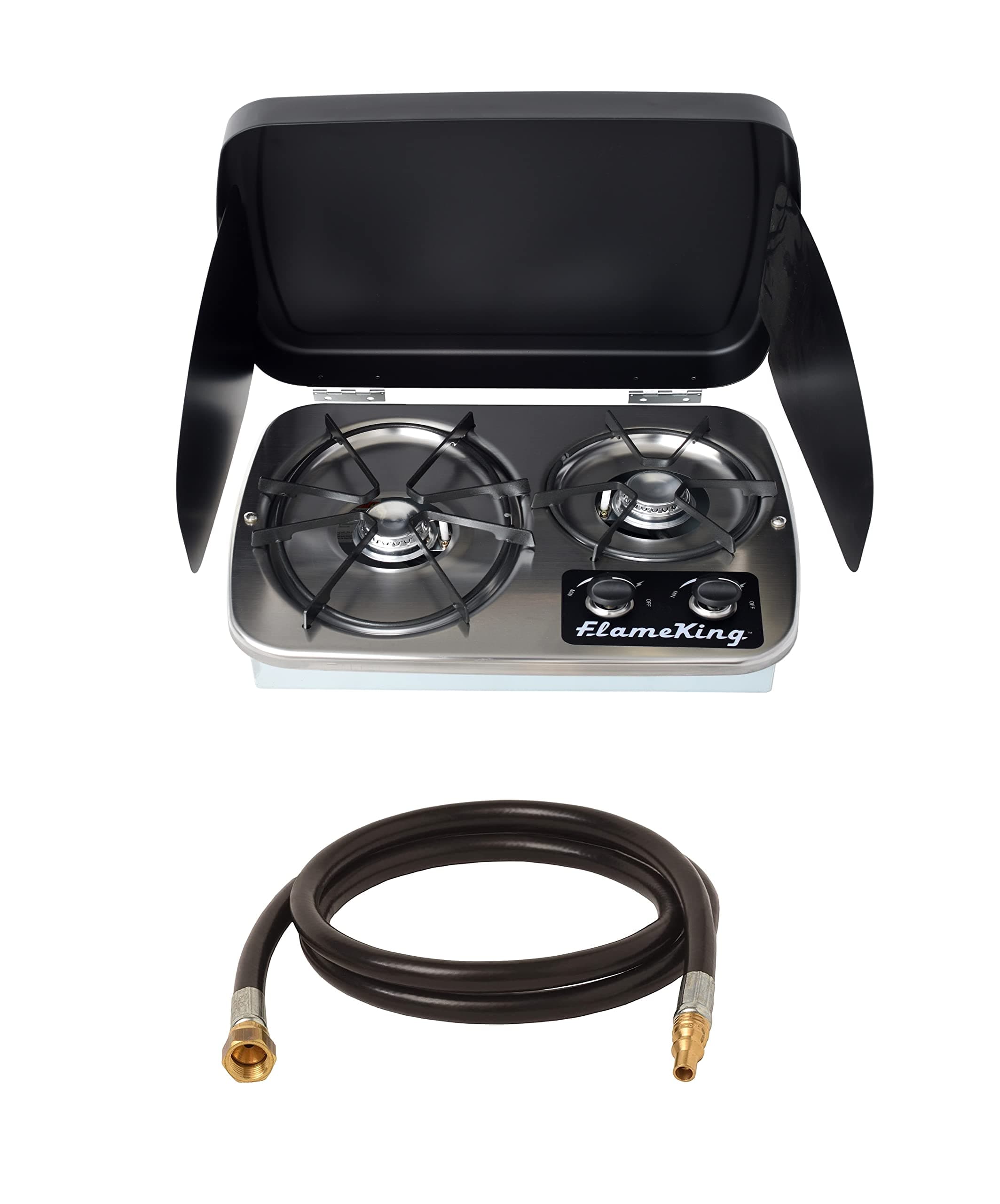 Flame King Bundle YSNHT600 2-Burner Built-In RV Cooktop Stove, Propane, 7200 and 5200 BTU Burners & 48-inch Quick Connect Hose for RV, Travel Trailer, or Camper
