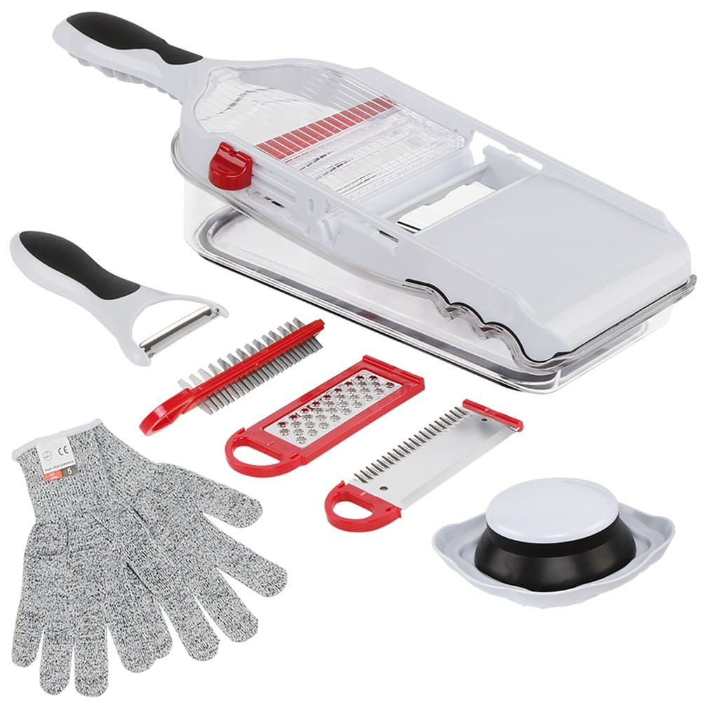 Adjustable Mandoline Slicer and Peeler, Julienne Slicer, Wavy slicer, Grater, Kitchen Food Vegetable Multi Purpose Cutter with Container, 3 Interchangeable Stainless Blades, 1 Pair FREE Cut Resistant