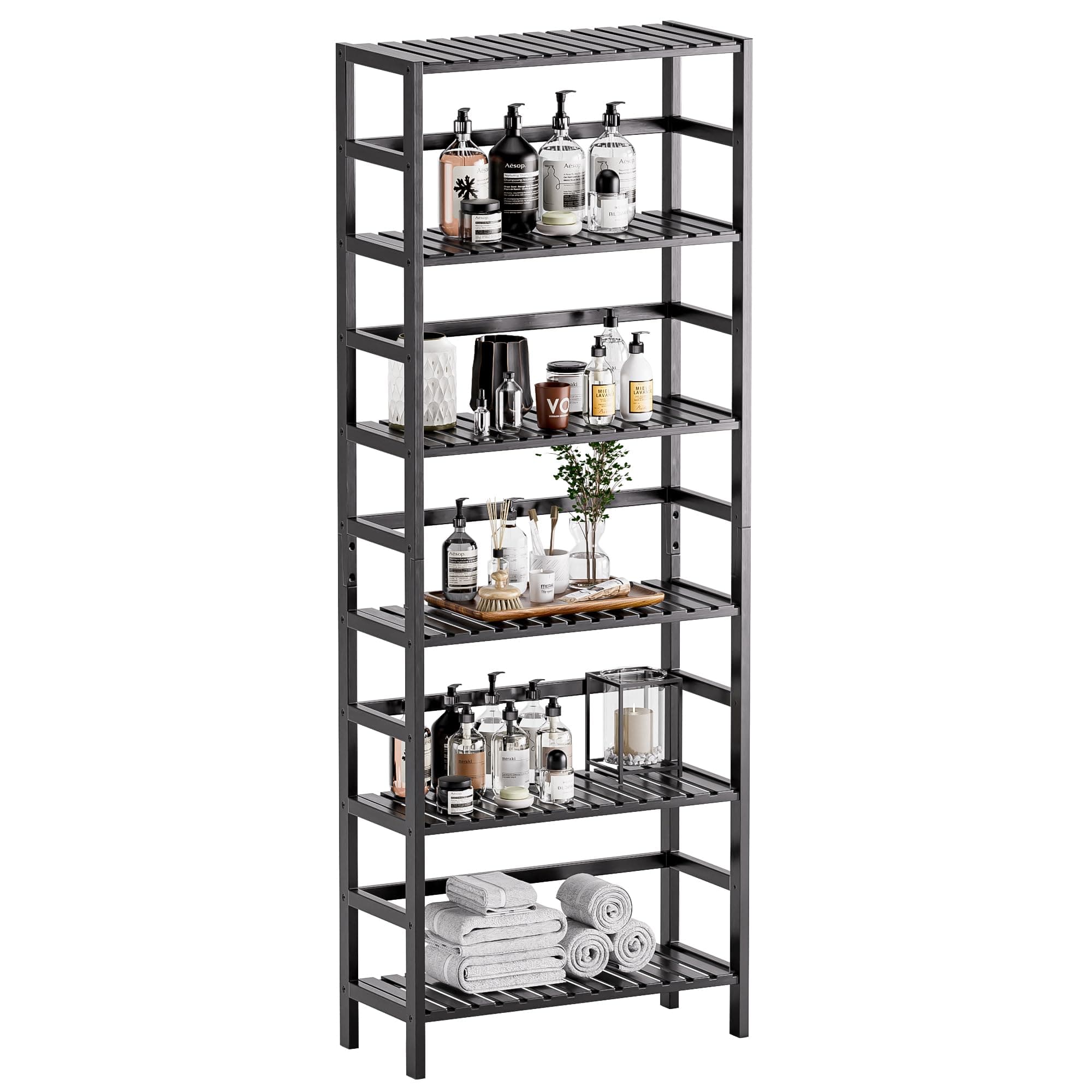 HITNET Bamboo Bookshelf, 6-Tier Tall Open Bookcase with Adjustable Shelves, Floor Standing Storage Shelf Unit for Living Room Bathroom Home Office, Black