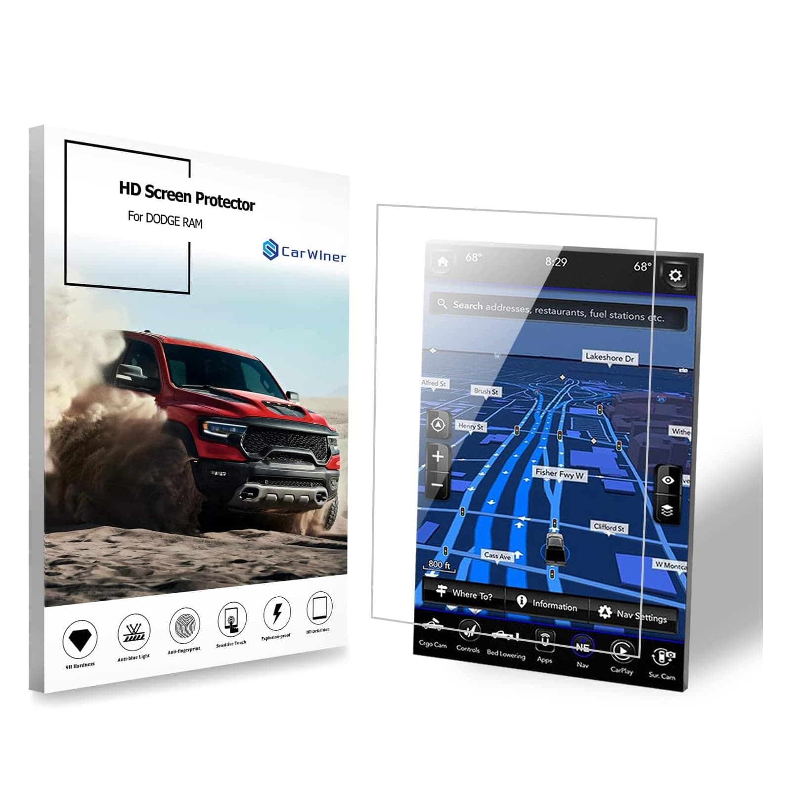 Carwiner Compatible with Dodge Ram HD Screen Protector 12 Inch 2019-2024 1500 2500 3500 Anti Glare Fingerprint Navigation Protection Tempered Glass Accessories (HD)