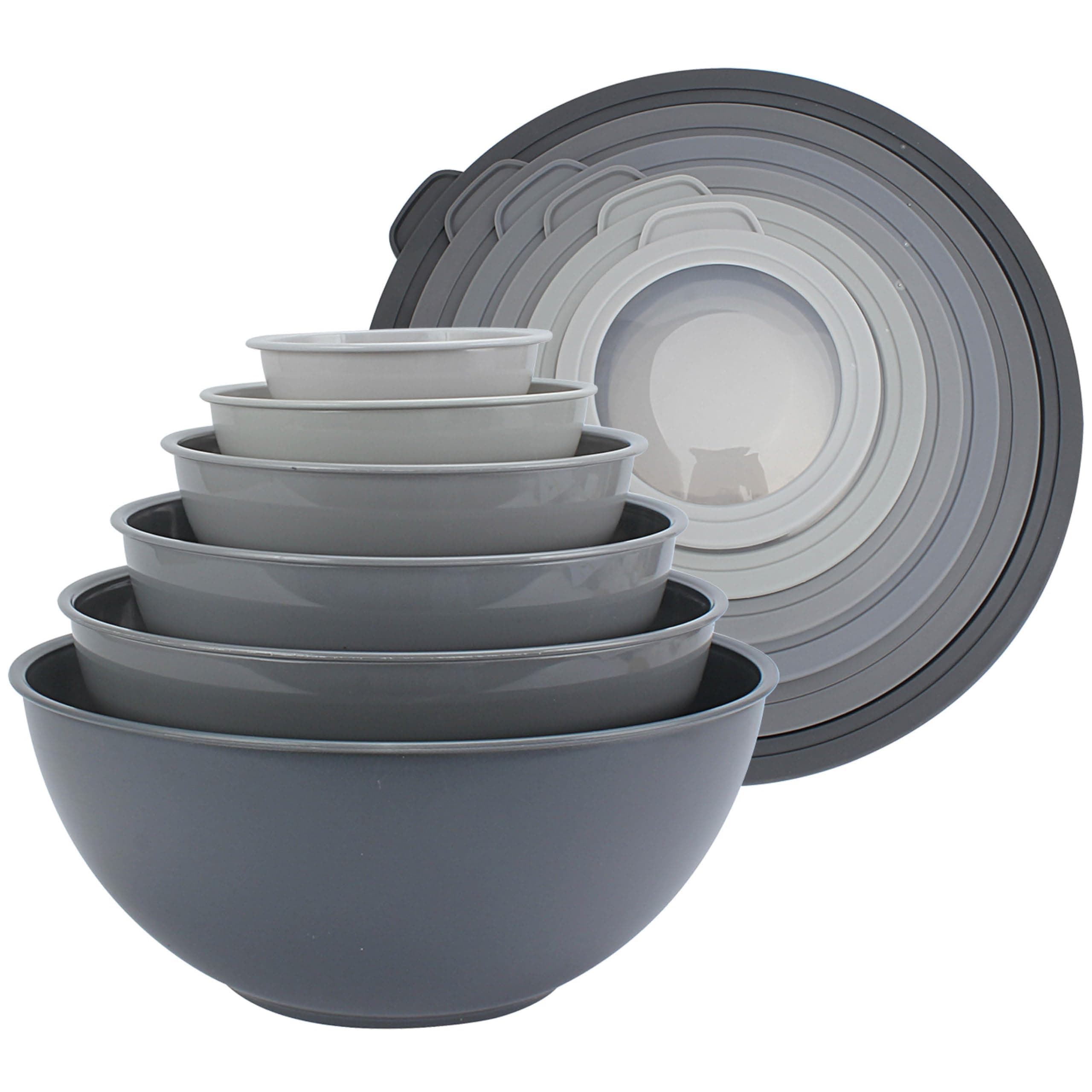 COOK WITH COLOR Mixing Bowls Set with TPR Lids - 12 Piece Plastic Nesting Bowls Set includes 6 Prep Bowls and 6 Lids, Microwave Safe (Grey)