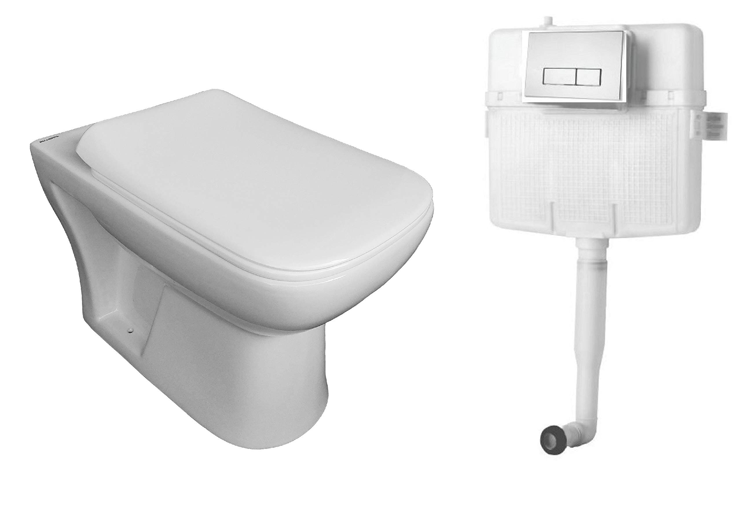 Belmonte Combo of Western Commode Toilet EWC Square S Trap for Bathroom with Slim Soft Close Seat Cover and 80mm Thick Dual Flush Concealed Cistern/Flush Tank with Push Flush Plate (White)