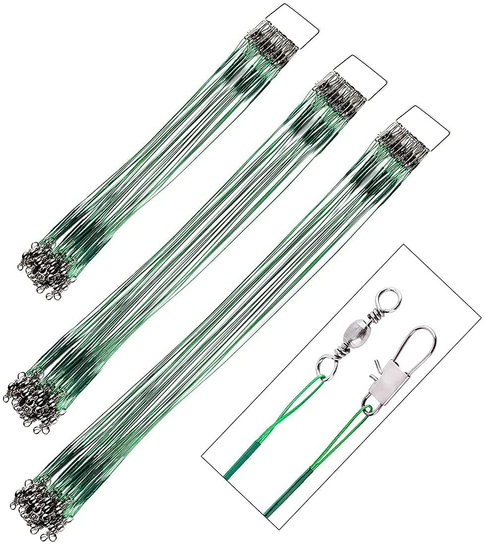 DELFINO 30Pcs Fishing Leaders Wire Tooth Proof 7 Strand Stainless Steel with Swivels Snap Kit Connect Tackle Lure Rig or Hooks Fishing Line for Rig Saltwater and Freshwater 3 Size Green