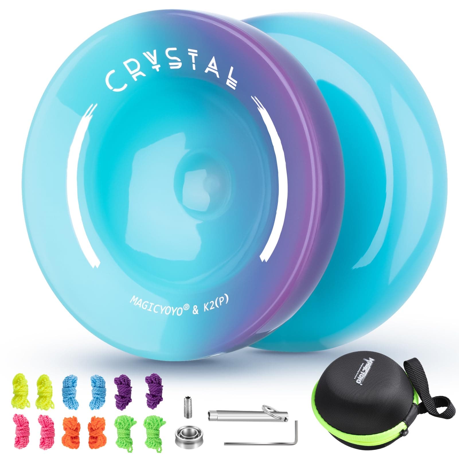 Yoyo Professional K2 Crystal Yo Yo, Responsive Yo-yo for Kids Beginners, Dual Purpose Yoyo for Adults Advanced + Unresponsive Yo-Yo Bearing + 12 Strings+Storage Bag + Bearing Tool ( Blue Purple)