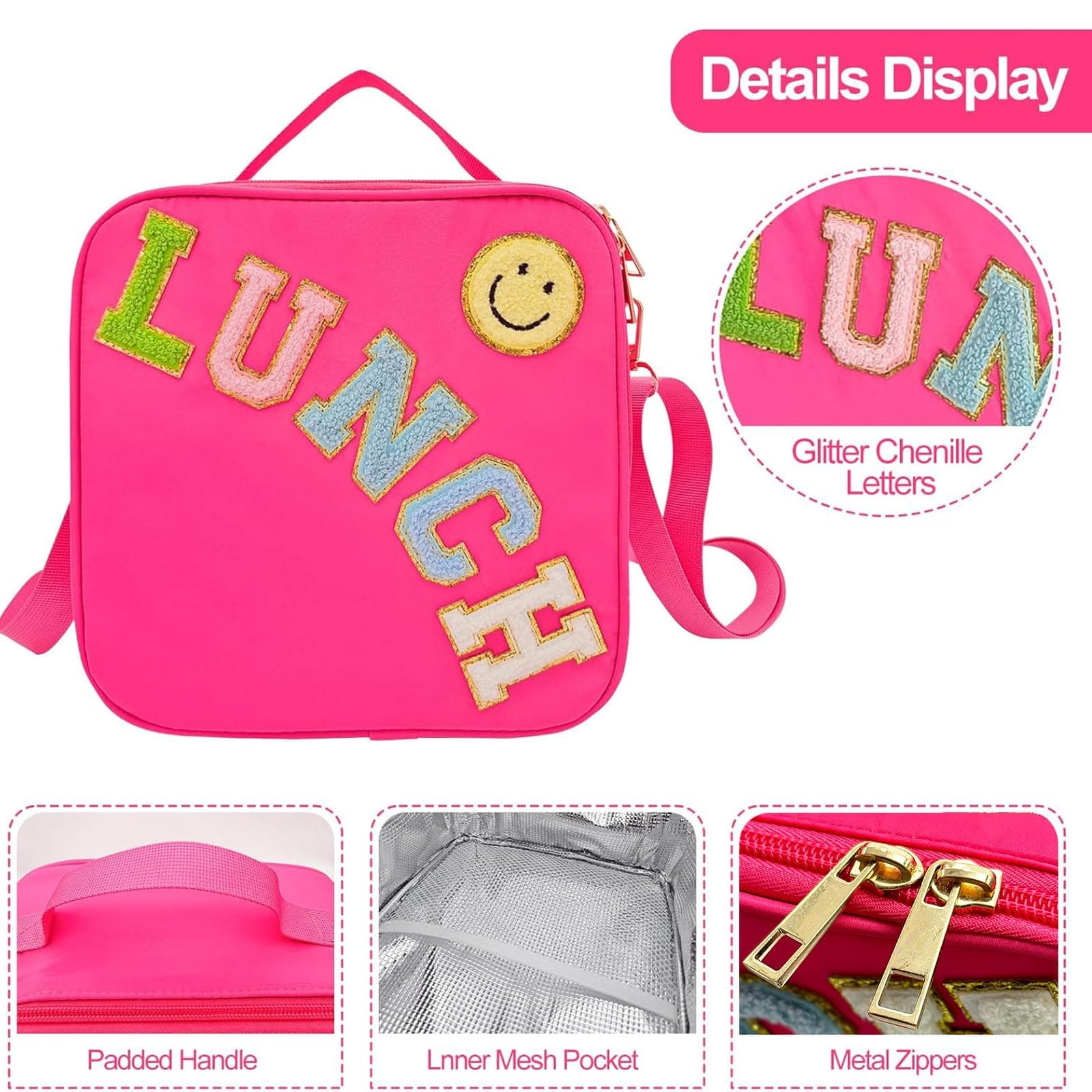 Insulated Lunch Bag With Adjustable Shoulder Strap, Nylon Preppy Lunch Box Large Insulated Lunch Bag Reusable Lunch Tote Bag with Smiley Preppy LunchBag Girls School Travel Picnic (Pink)