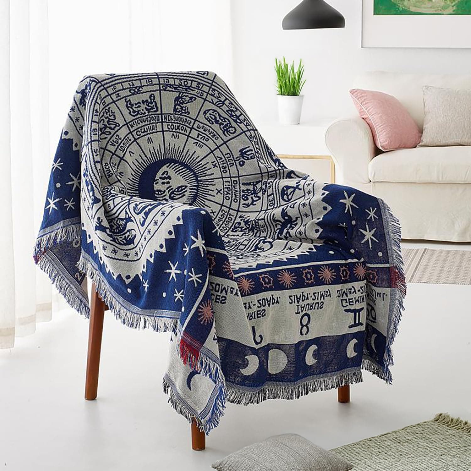 Boho Woven Throw Blanket Reversible Cotton Bohemian Tapestry Hippie Room Decor Witchy Astrology Zodiac Celestial Constellation Carpet Bed Chair Couch Sofa Cover Double Sided (Blue, S: 71x51)