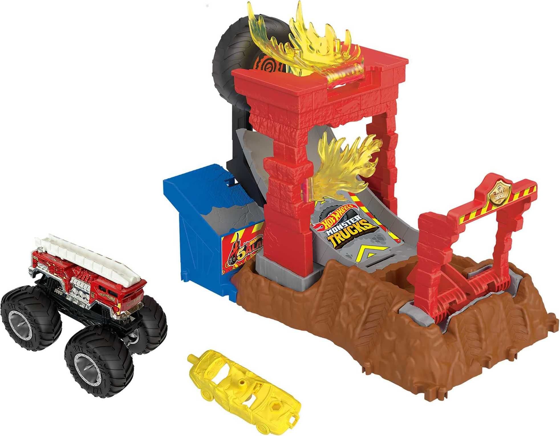 Monster Trucks Playset & Toy Truck, Arena Smashers 5-Alarm Fire Crash Challenge, 1:64 Scale Firetruck & Crushable Car