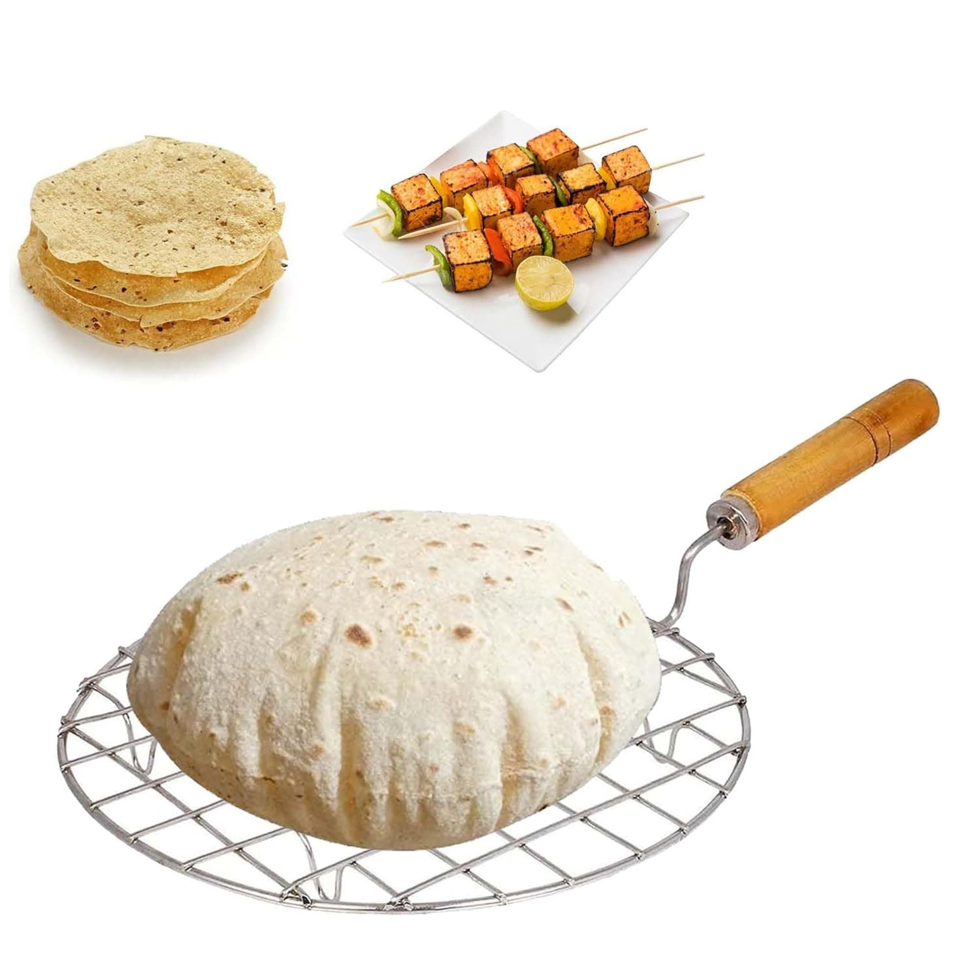 Suzec Wire Round Wooden Handle Roaster Papad Jali, Paneer Grill, Roti Maker, Barbeque Jali Roaster Chapati Toast Grill Roaster