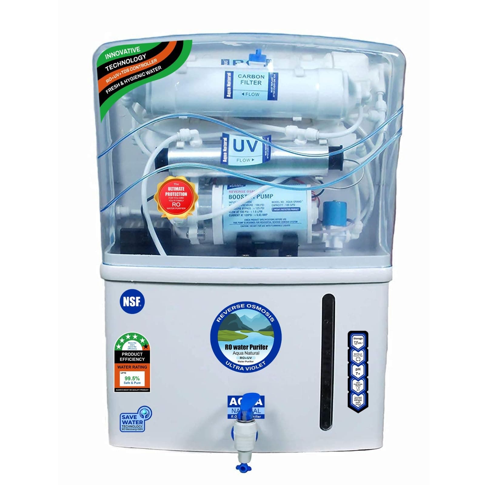 Aqua RO Water Purifier+ RO + UF + UV + TDS Controler || Alkaline Purifier || 12 Leter Water Purifier for Home & Kitchen, Schools, Hospitals||NW-RO-12 Ltr Purification Stages (White)