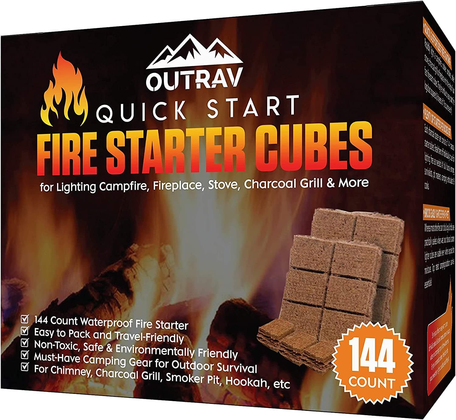 Outrav Fire Starter Cubes, 144ct Charcoal Firestarter Squares for Lighting Fireplace, Wood Stove, Grill, Campfire, BBQ Smoker Pit – Mini Nontoxic Waterproof Fire Starting Bricks for Camping, Survival