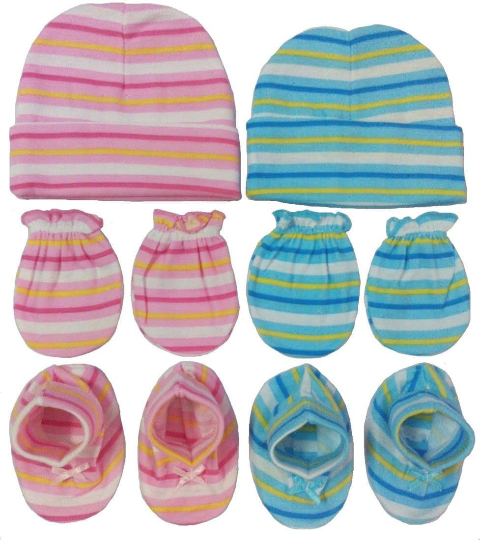 BornBabyKids New Born Baby Cotton Caps Booties Mittens Combo Set (0-6 Month) (Pink & Blue)