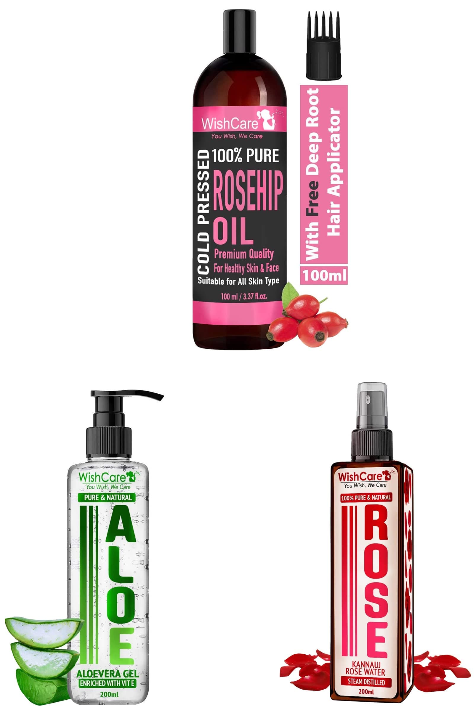 WishCare Pure & Cold Pressed Rosehip Seed Oil, 100 ml&WishCare Pure & Natural Aloe Vera Gel&WishCare Rose Water