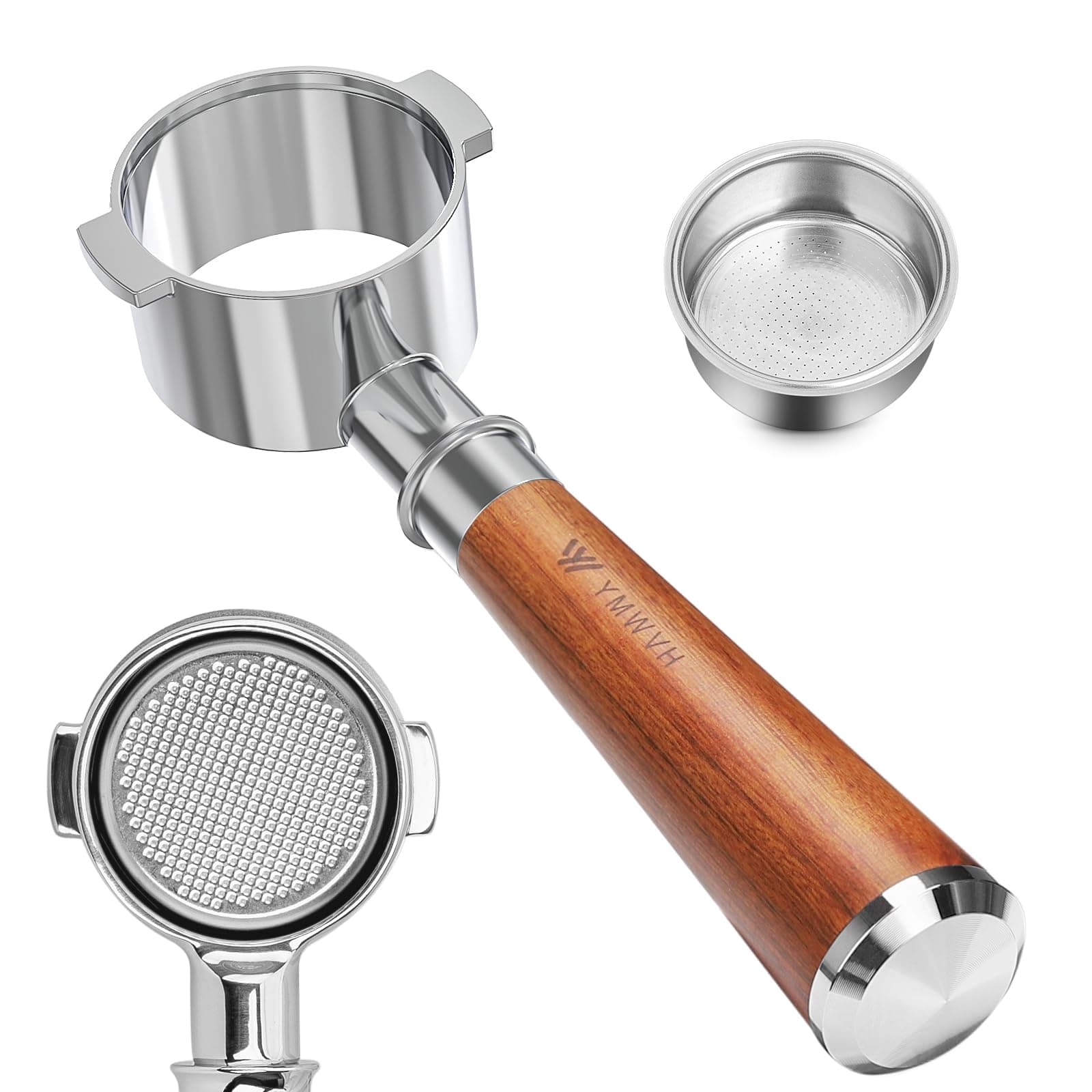 51mm Bottomless Portafilter 2 Ears for Delonghi ECP3420/EC155/BCO430/EC260,Stainless Steel Filter Basket and Walnut Handle