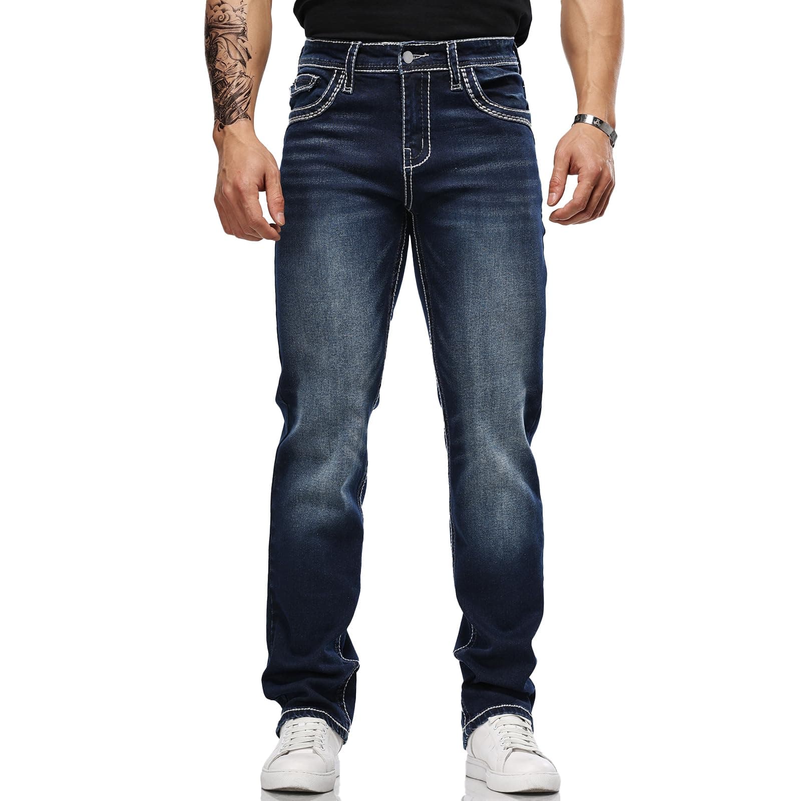 Men's Stretch Denim Jeans Classic Jeans with Embroidered Design, ESDVD Street Style Regular Jeans Relaxed Fit Pants Comfy