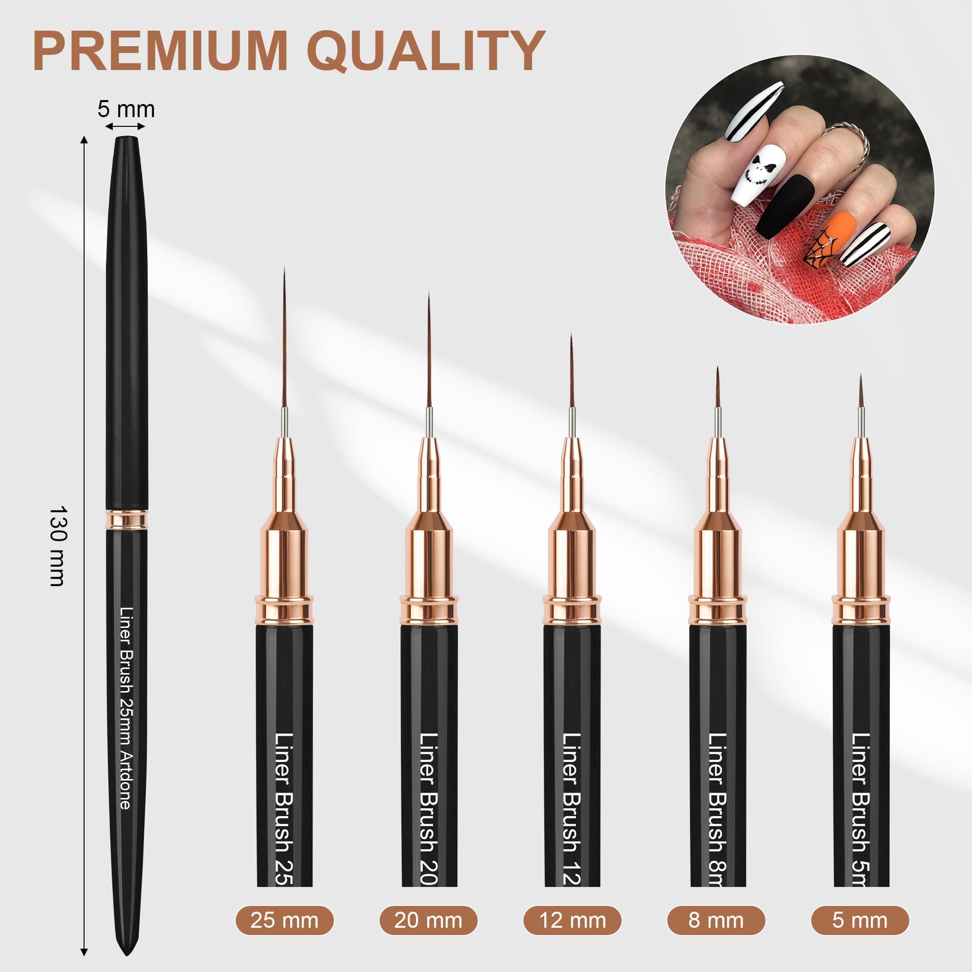 Artdone Metal Pens for Nail Art Eyeliner Brush Set 5 Black Nail Tools for Long Lines Fine Detail Fine Drawing Eyeliner Brush