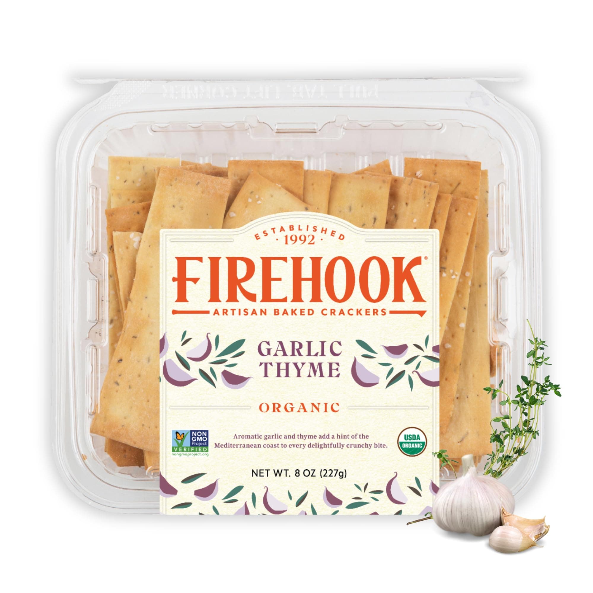 Firehook Garlic Thyme Crackers – Artisan Baked, Craveably Crunchy, Baked with Mediterranean Garlic & Thyme – Organic, Non-GMO, Kosher– 8 oz Box