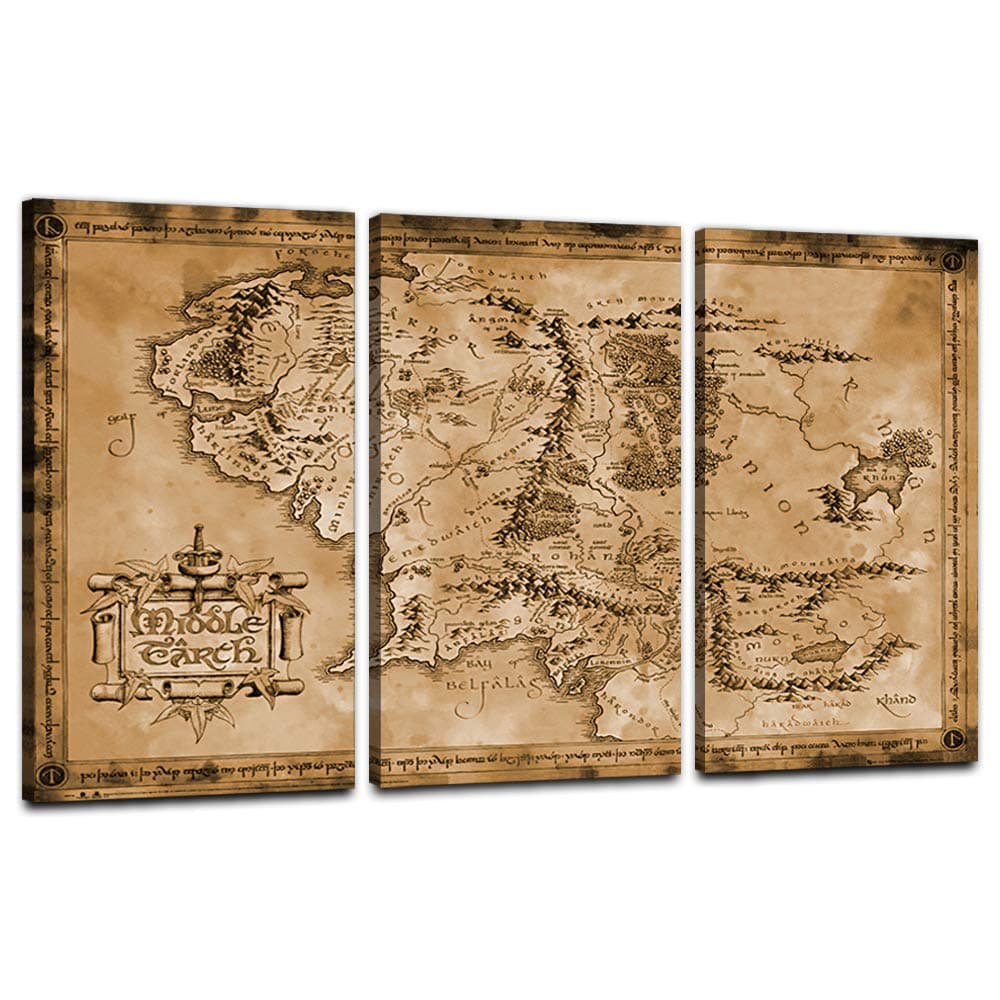 3 Panels The Hobbit/The Lord of The Rings - Movie Poster Canvas Wall Art Decor Map of Middle Earth Posters Print Home Decor Artwork Framed Ready to Hang Dark Sepia Edition（16" Hx24 W）