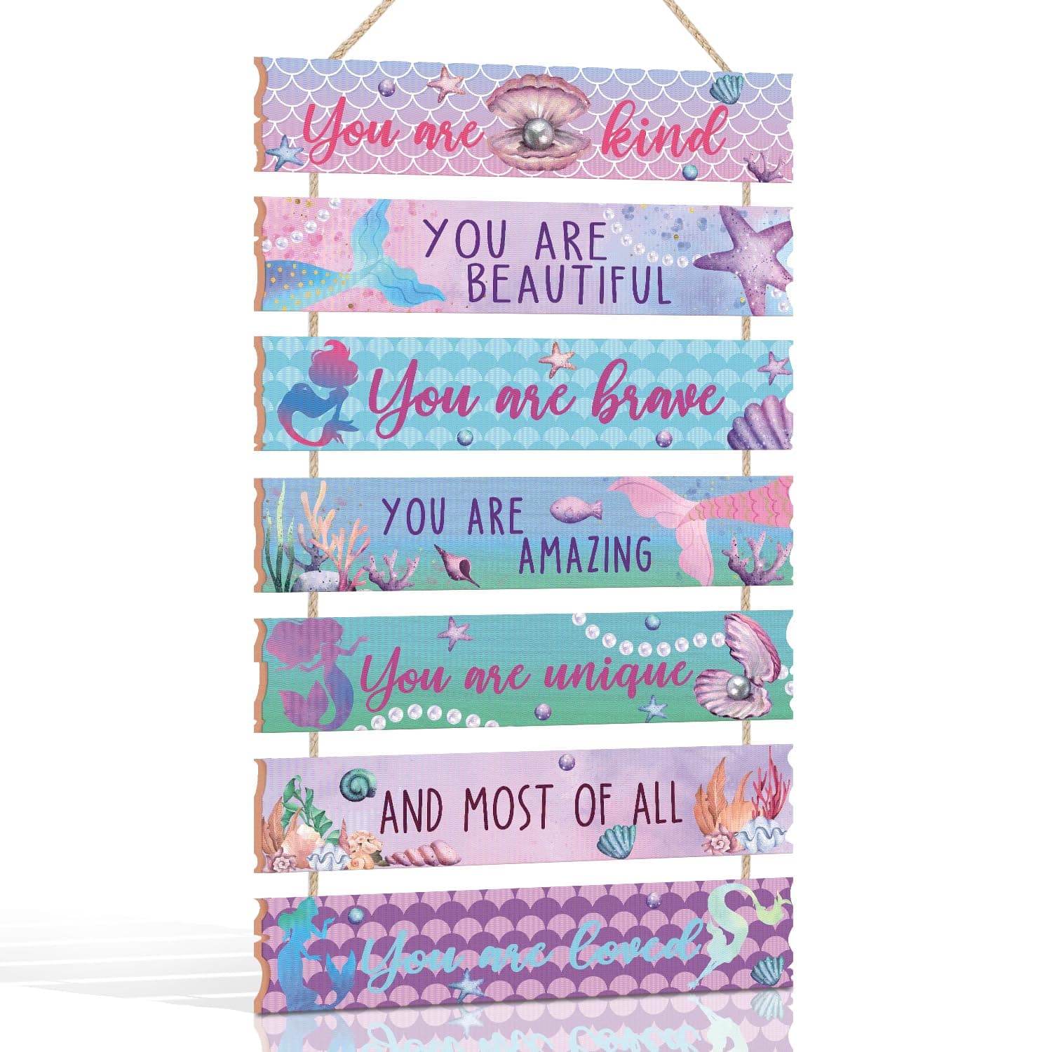 Mermaid Wall Art for Girls Bedroom,Rainbow Wall Sigin,Shell Aesthetic Wall Art Hanging Sign,Inspirational Quotes Hanging Sign Pink room Door Plaque,Mermaid Wall Decor for Bathroom Decoration