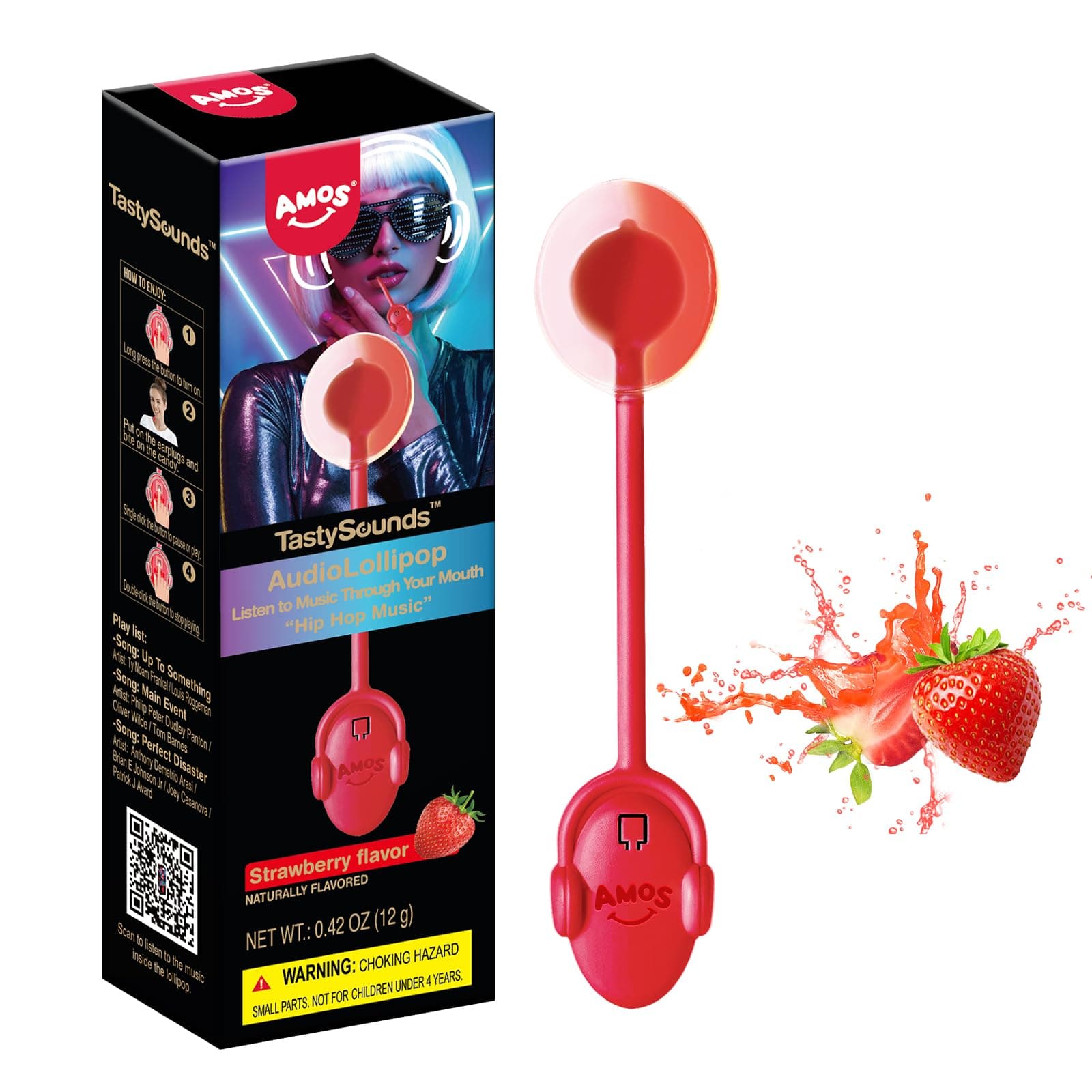 Amos Music Lollipop Candy, Audio Singing Lollipop, Unique Valentine's Gift, Individually Wrapped Natural Strawberry Flavor (1 Pack)
