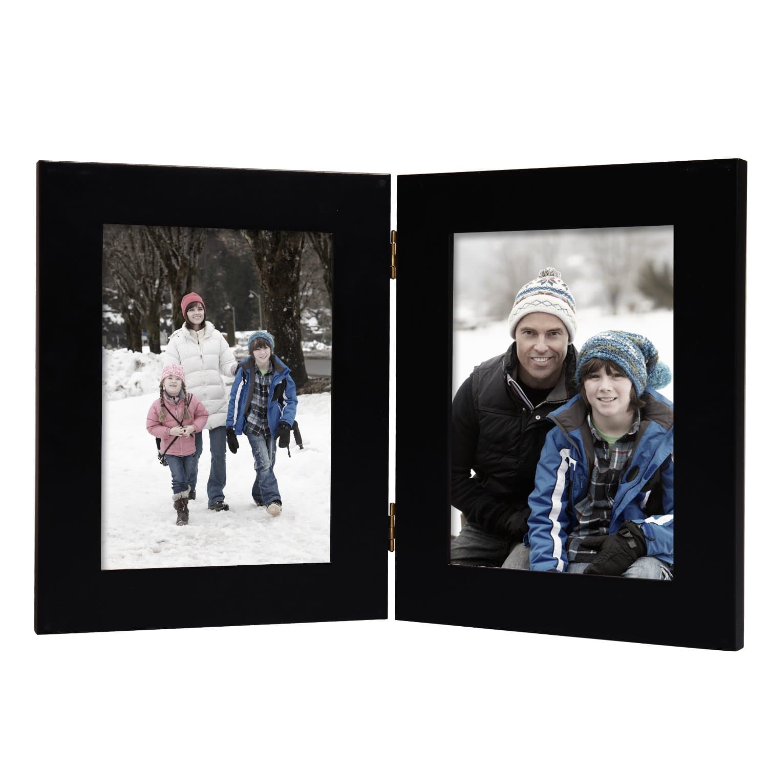 Adeco [PF0165] Decorative Black Wood Hinged Table Desk Top Picture Photo Frame, 2 Vertical Portrait Openings, 5x7 inches