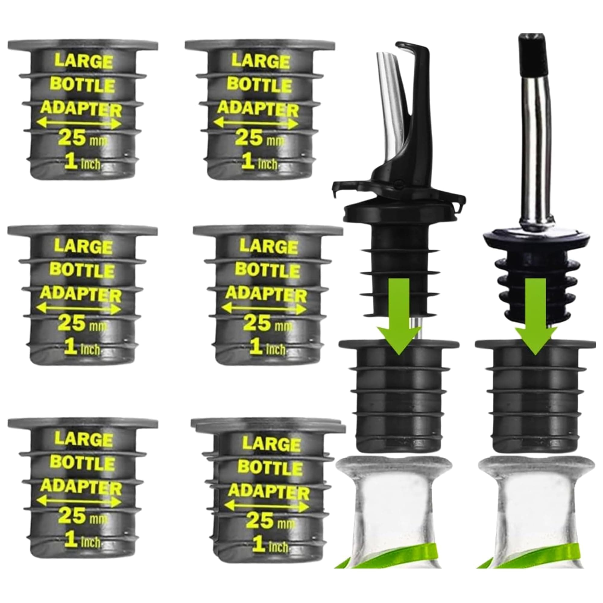 Poura Liquor Pourer Adapters 6 Pack – BPA-Free Natural Rubber – Fits Large Bottles up to 1 Inch Neck – Convert Oil or Liquor Pour Spouts – Secure Fit for XL Bottles – Black