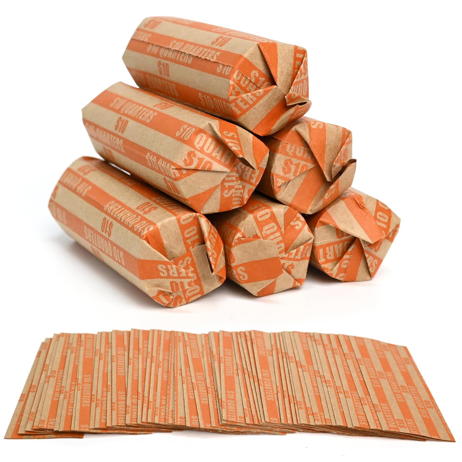 L LIKED 105 PCS Striped Flat Coin Wrappers Quarters Rolls Only, Orange (105 PCS - Quarters)