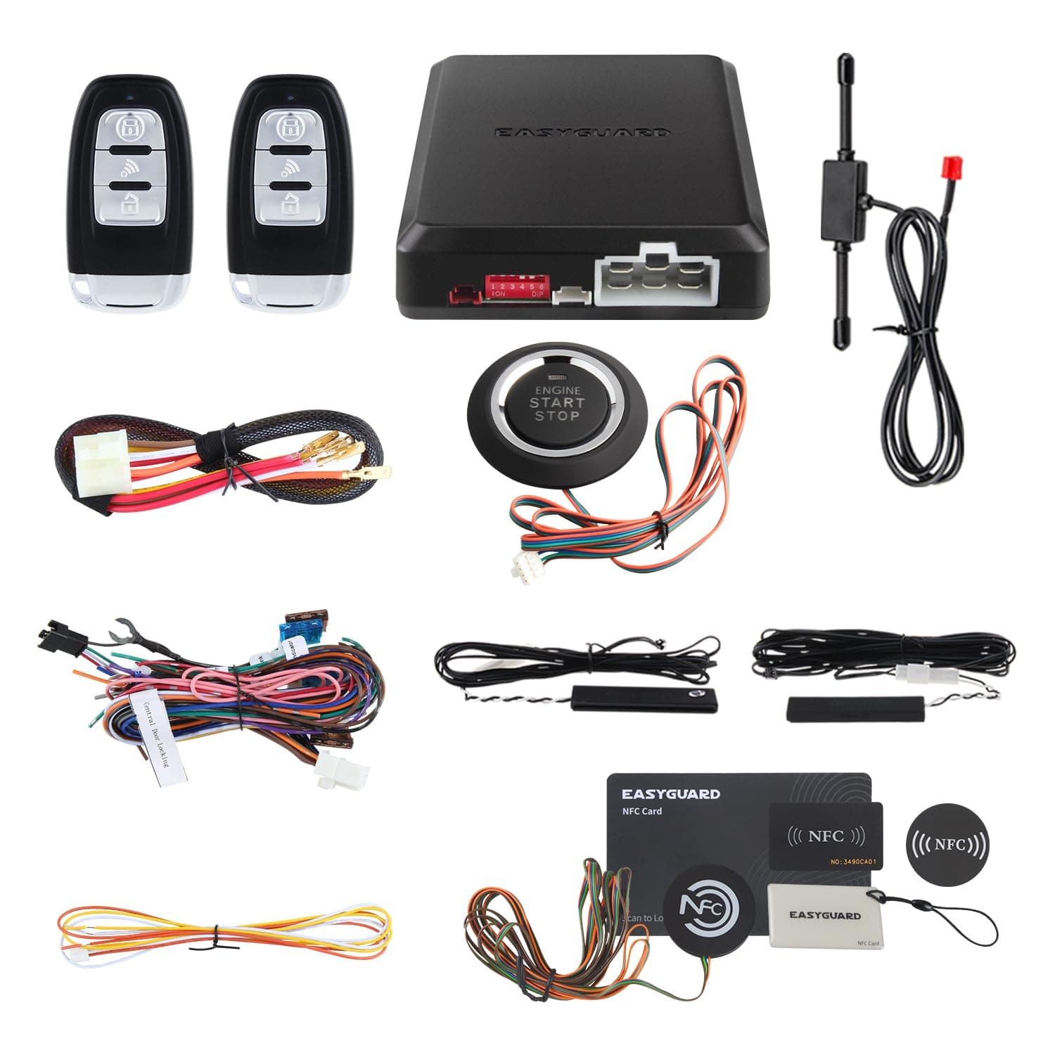 EASYGUARD EC002 Smart Key RFID PKE Car Alarm System Passive Keyless Entry Remote Engine Start Starter Push Start Button & Touch Password Entry Hopping Code
