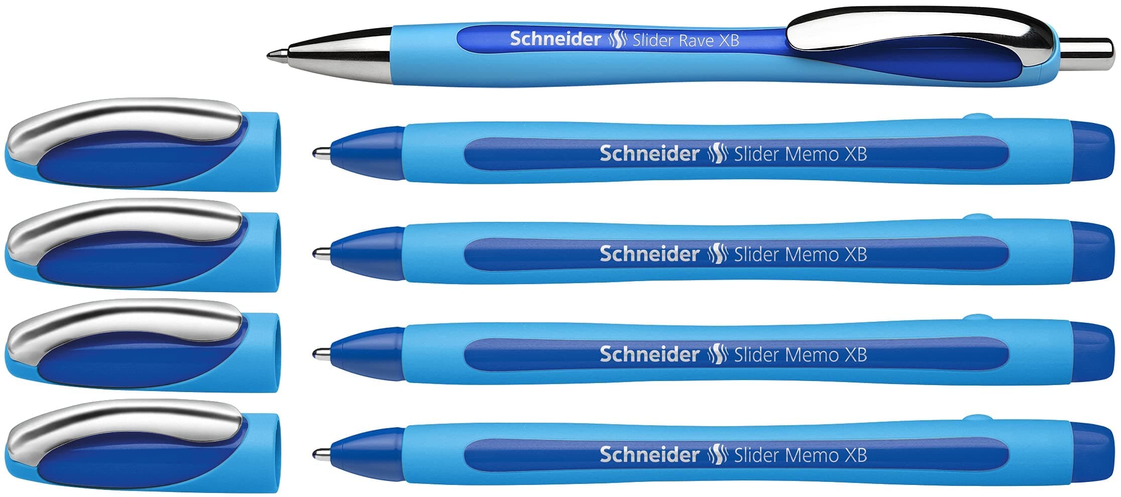 Schneider 150275 Slider Memo XB and Slider Rave XB Ballpoint Pen (with Case, Ink Colour: Blue), 4+1 Item