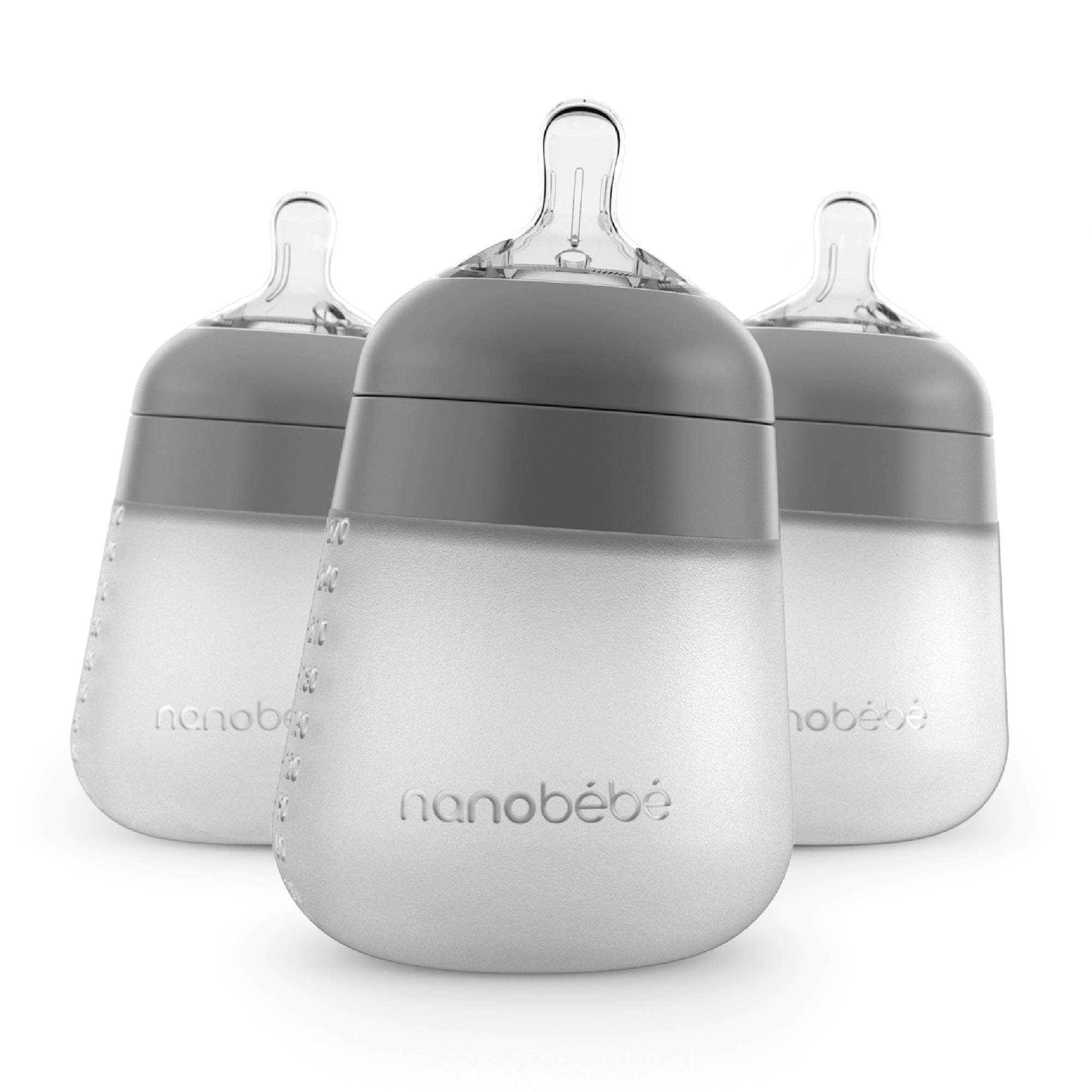 Nanobebe Flexy Silicone Baby Bottle, Anti-Colic, Natural Feel, Non-Collapsing Nipple, Non-Tip Stable Base, Easy to Clean, 3-Pack, Gray, 9oz