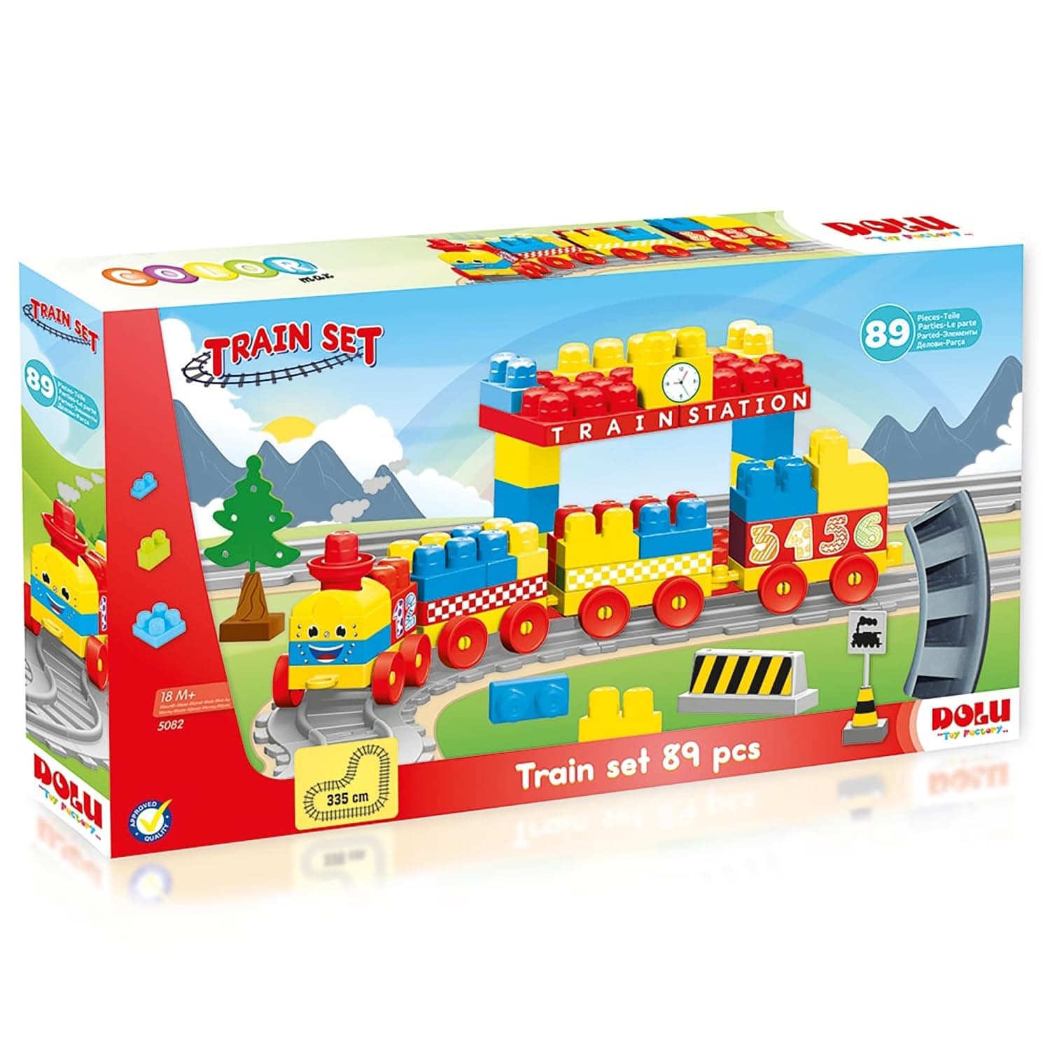 DOLU: Train Set - 89 Pcs - Blocks Assembly Station & Tracks, Yellow-Red-Blue, Push Train, Interactive Brick Building Toy, Toddler & Kids Ages 18mo+