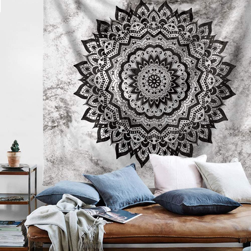 Psychedelic Mandala Wall Tapestry - Yellow Pink Tapestry Boho Wall Hanging Picnic Beach Blanket Gold Bohemian Tapestry for College Dorm Girls Bedroom Living Room Home Decor (Black White, L:59''X78')