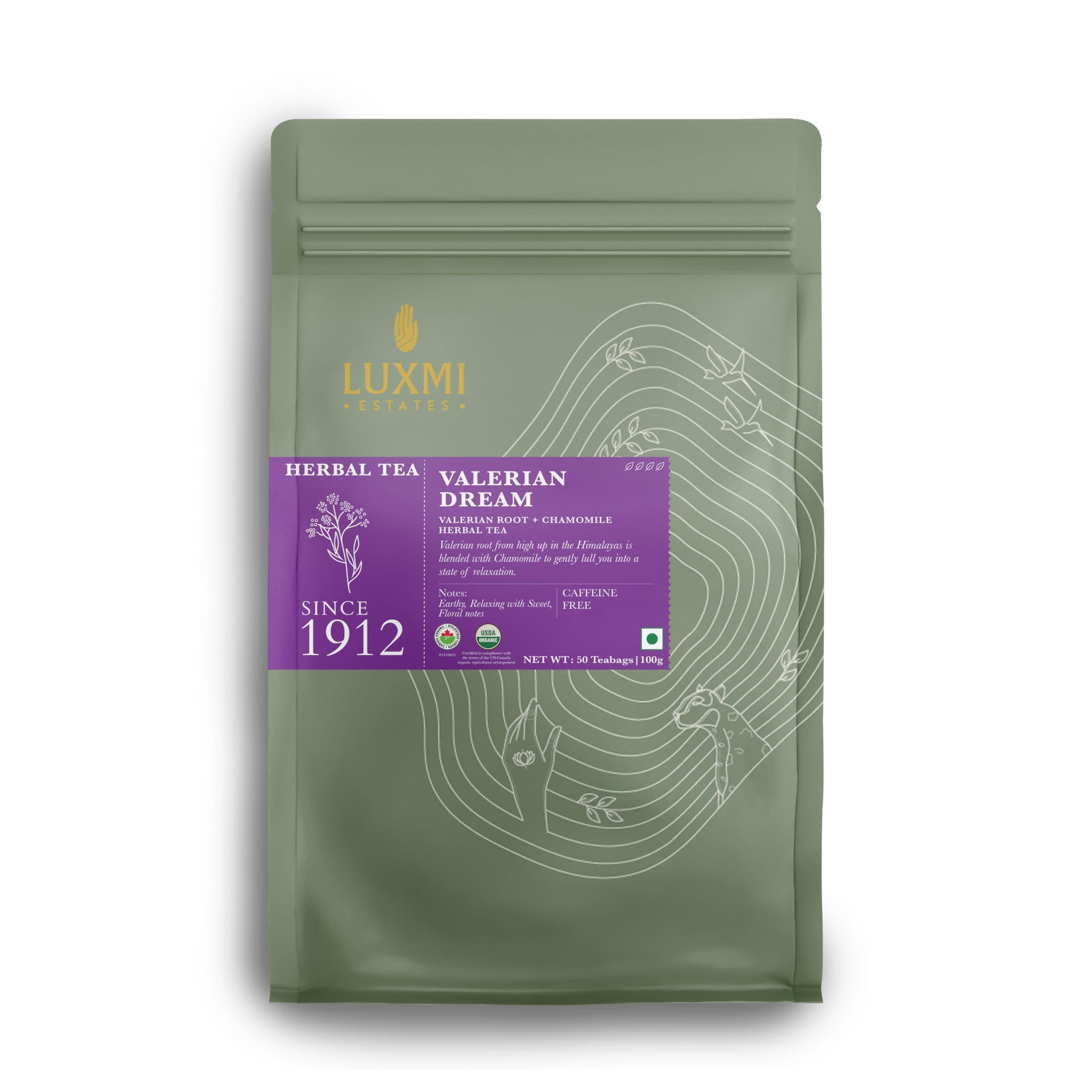 LUXMI Estates Sleep Tea With Valerian Root - 50 Plant-Based Biodegradable Bags (100g) | Certified Organic | With Chamomile, Lavender & Valerian Root | Caffeine Free Best For Insomnia, Anxiety & Stress Relief, Relaxation, Restful and Peaceful Sleep With Wellness Herbal Infusion