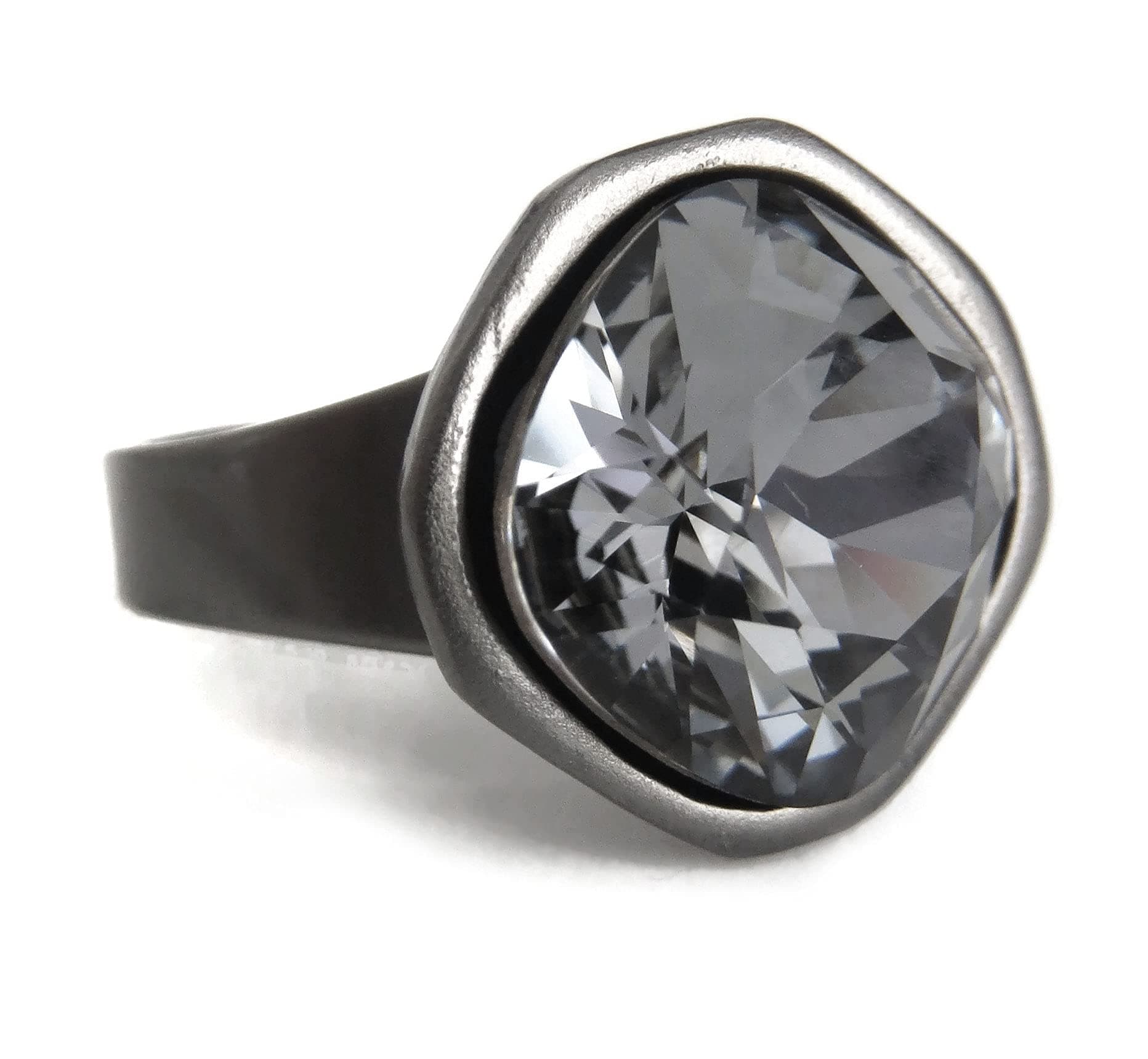 Black Crystal Ring with Charcoal Grey Adjustable Band