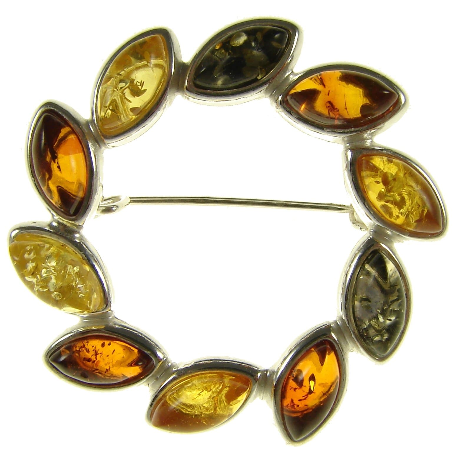 Baltic amber and sterling silver 925 multi-coloured flower leaf brooch pin