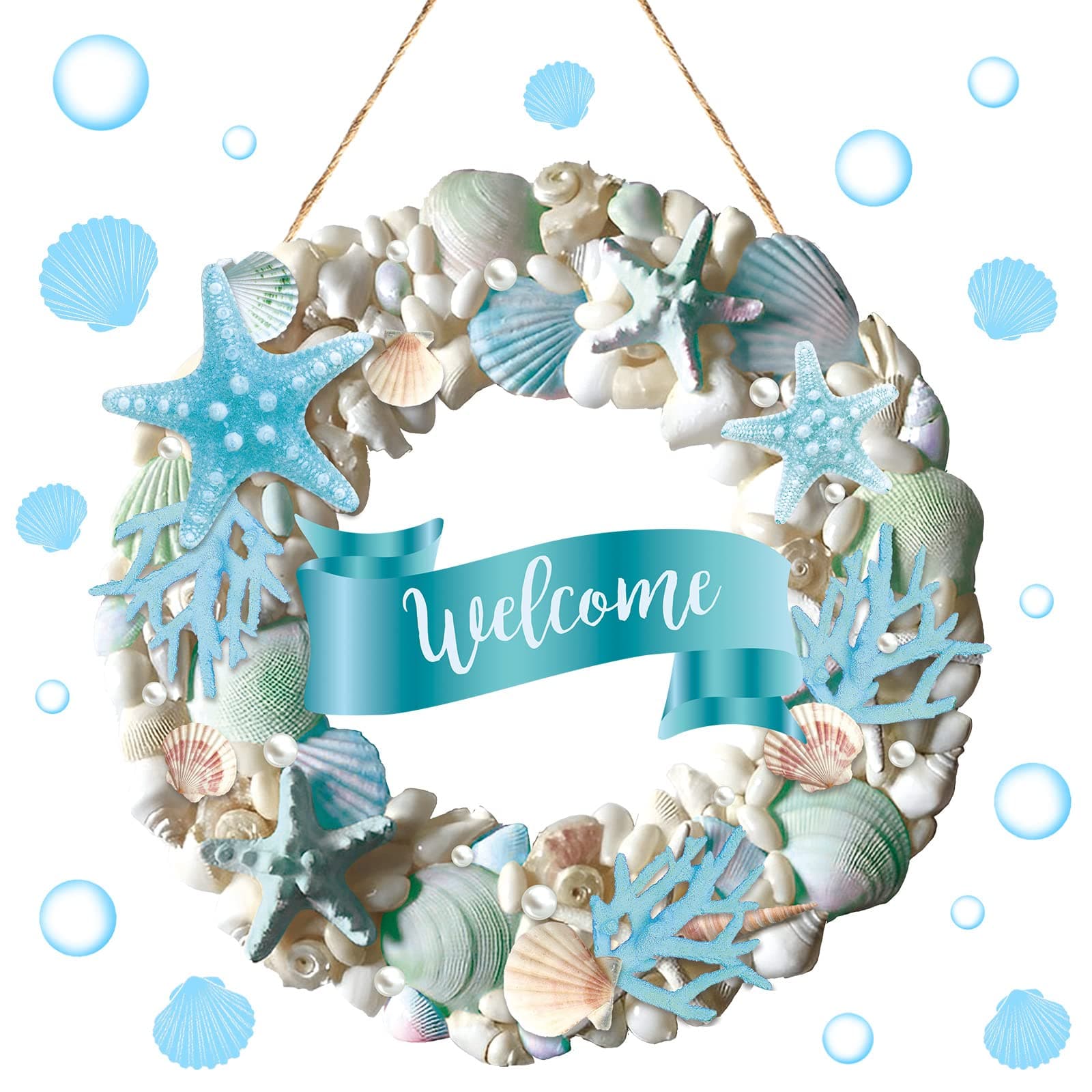 Wesiti Summer Welcome Wooden Coastal Shell Wreath Beach Cabinet Decor Coastal Wreath for Front Door Starfish and Seashells for Winter Porch Outdoor