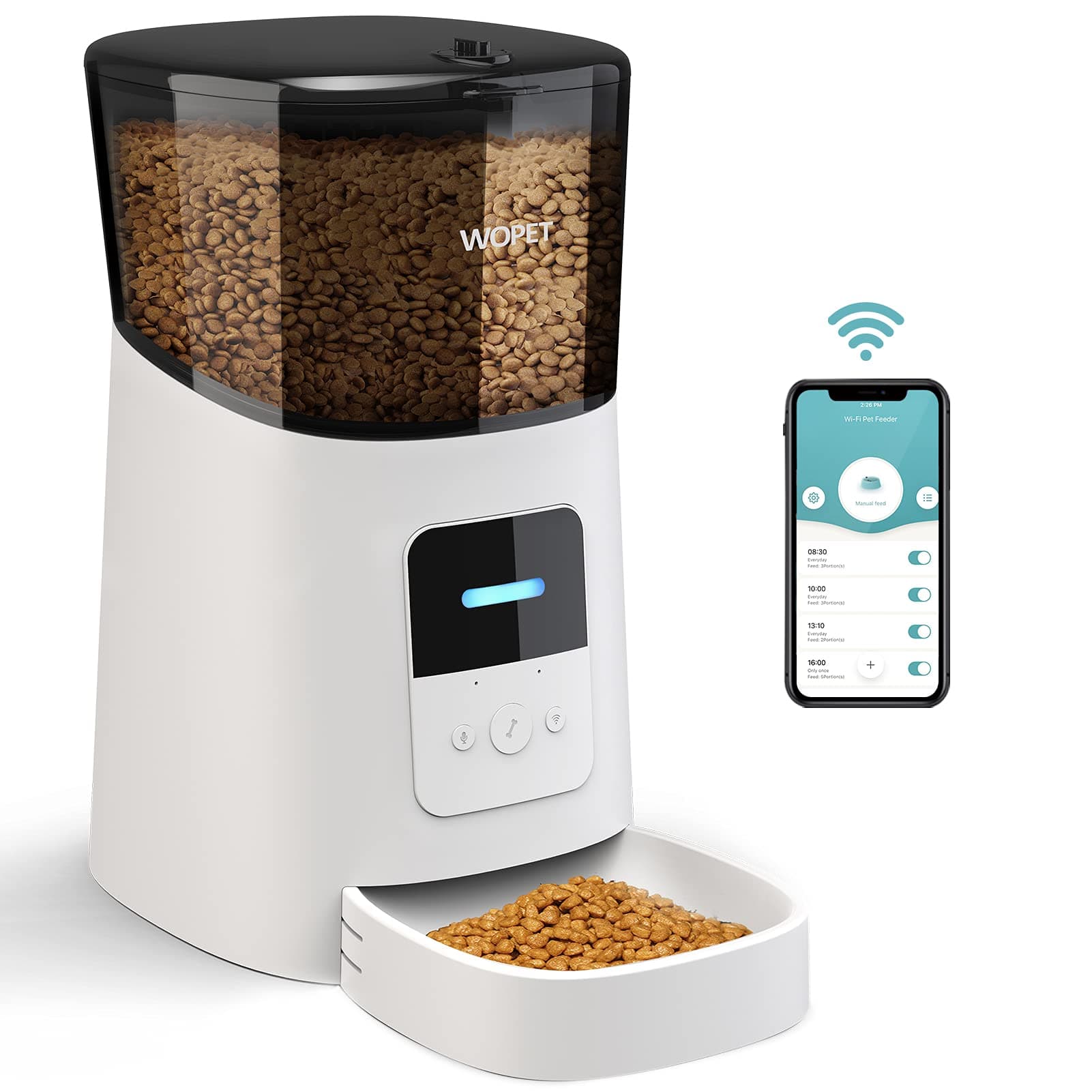WOPET Automatic Cat Feeder , 6L Wi-Fi Enabled Pet Food Dispenser For Cats and Dogs, with Programmable Portion Control 1-15 Meals per Day, Distribution Alarms and Voice Recorder