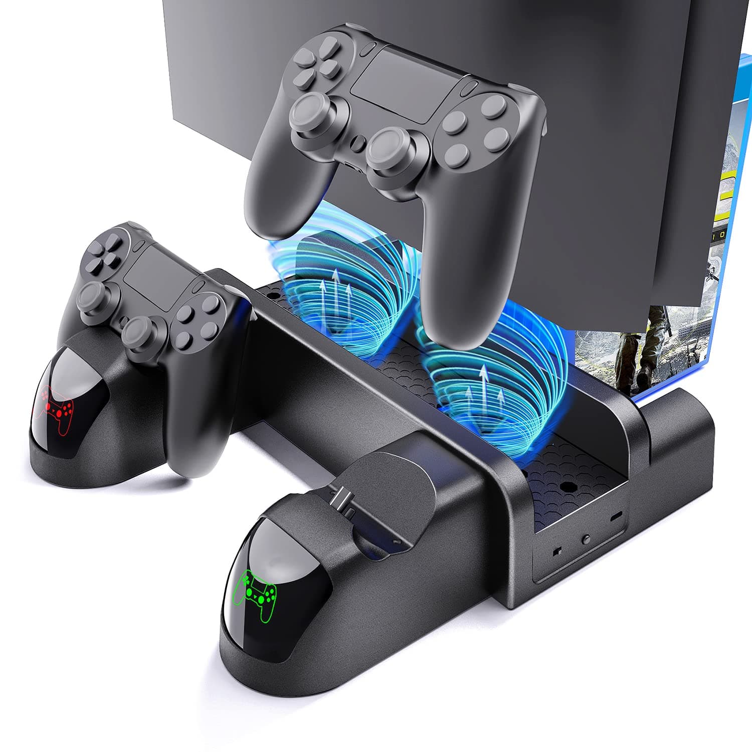 Stand Cooling Fan Station for PlayStation 4 Slim Cooling Fan for PS4 pro Vertical Charging Station with Dual Controller Stand with USB Port & 12 Games Slots