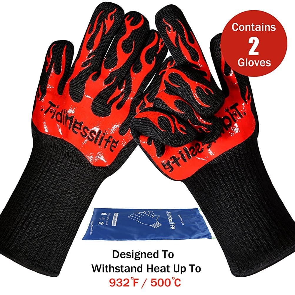 Tidinesslife Revolutionary 932°F Extreme Heat Resistant Certified Gloves - Thick but Light-Weight & Extra Long Red2
