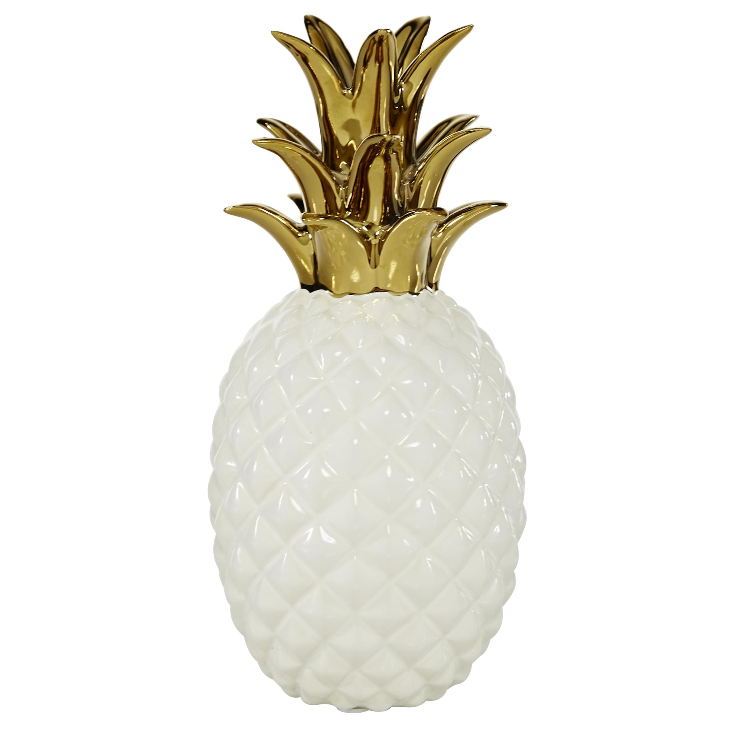 CosmoLiving by Cosmopolitan Porcelain Fruit Pineapple Sculpture with Gold Leaves, 4" x 4" x 10", White