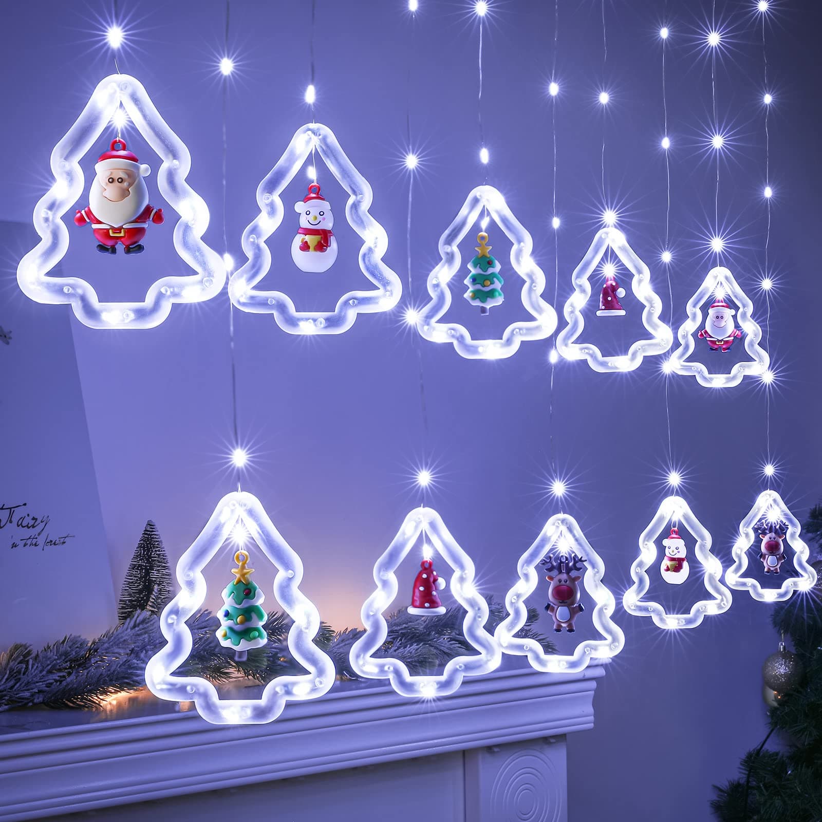 BLOOMWIN Christmas Window Lights, 3m Christmas Curtain Lights USB Xmas Tree Fairy Lights Novelty Window Winter Decorations for Bedroom Indoor Home, Cool White