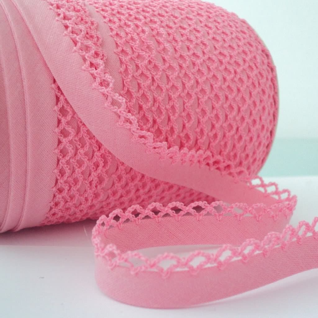 Candy Pink Bias Binding With Lace Picot Edge Double Fold 12mm (by the metre)