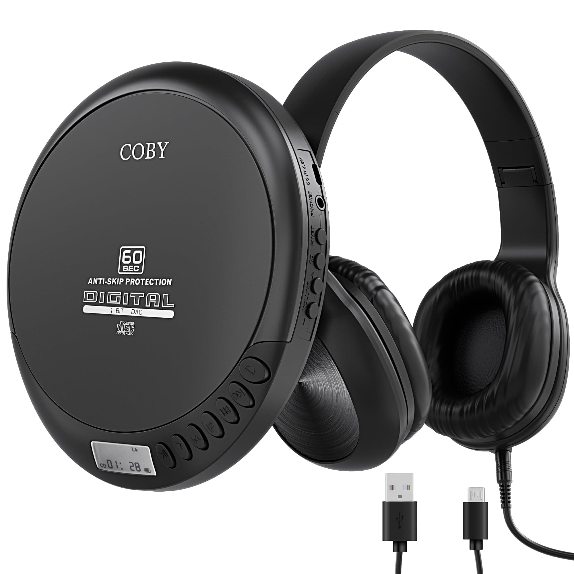 Coby Portable CD Player with Headphones | 60-Sec Anti-Skip Compact Disc Player with Foldable Headset Bundle | Small CD Player Portable for Travel, Home | Retro MP3 Player Discman Portable CD Players