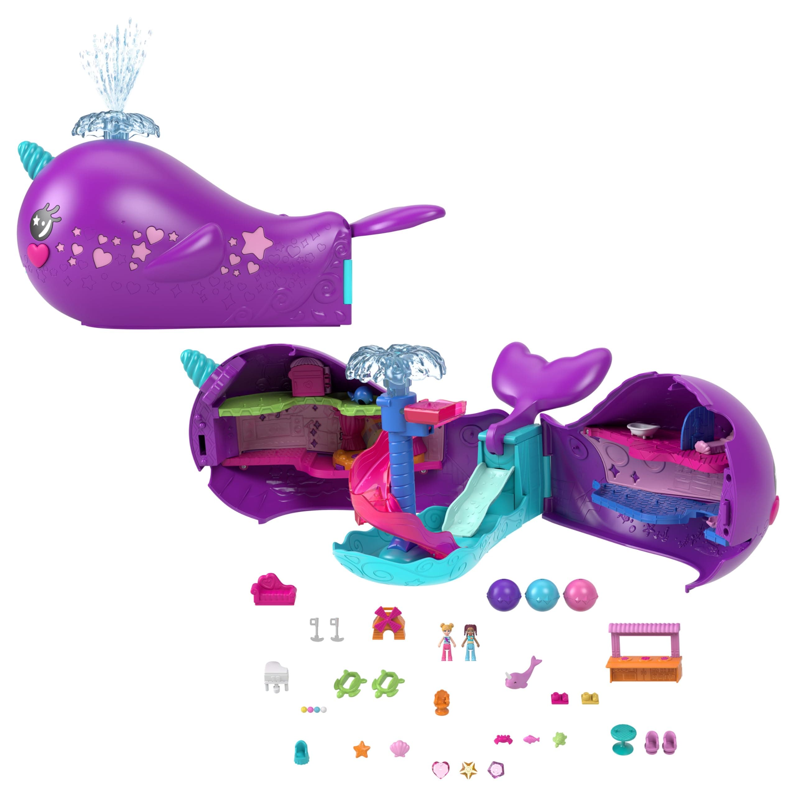 Polly Pocket Toy Boat Playset with 2 Dolls, Surprise Accessories & Water Play, Sparkle Cove Adventure Narwhal Boat