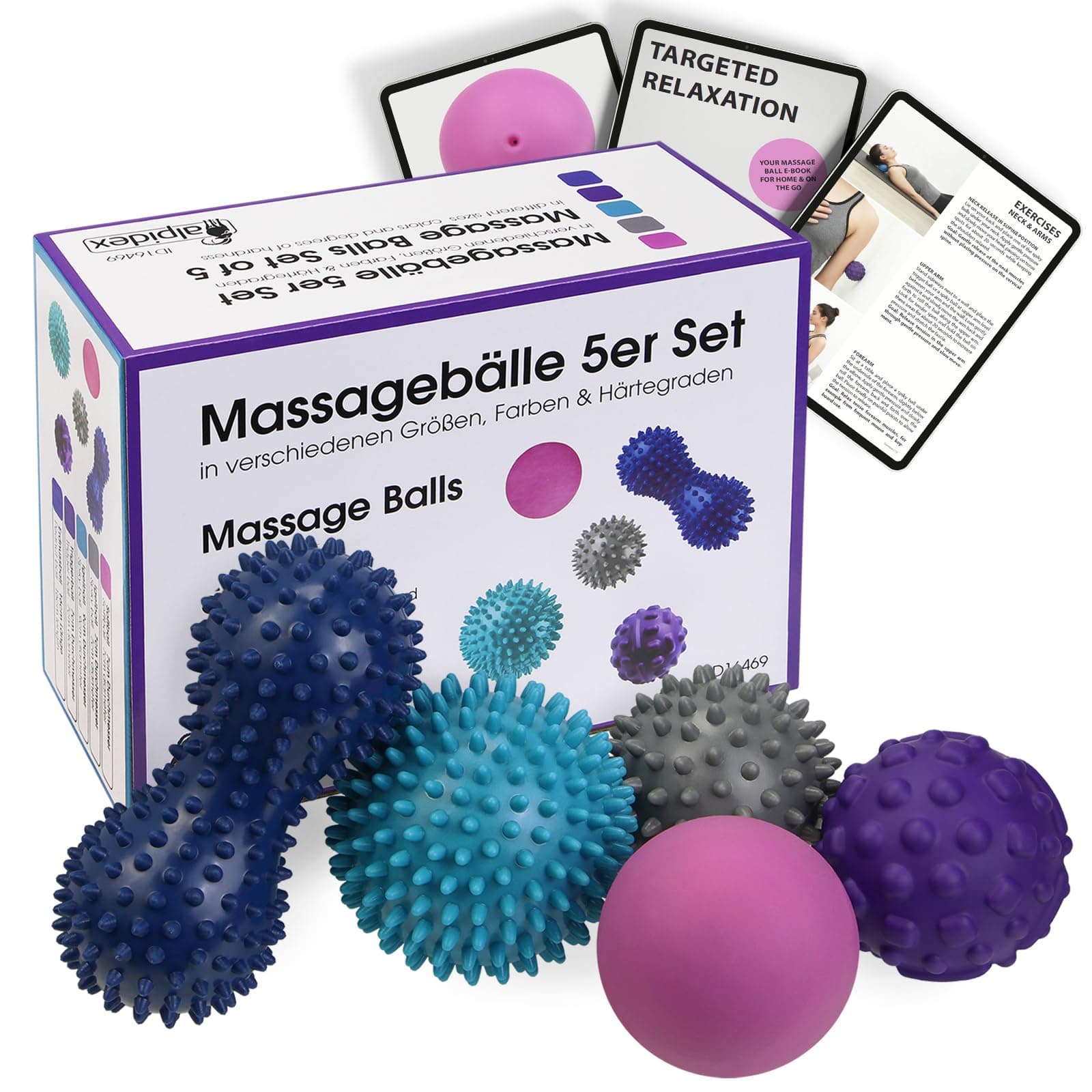 ALPIDEX Massage Balls Set of 5 in Different Degrees of Hardness for Back Legs feet Hands | incl. e-Book with Exercises