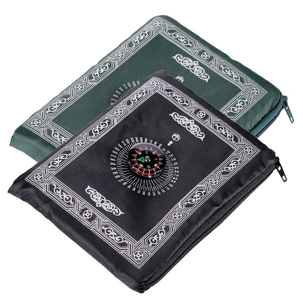 2 Pieces 60cm*100cm Travel Prayer Mat with Compass, Portable Polyester Prayer Rug, Islamic Waterproof Prayer Mat, for Ramadan Gifts, Islamic Prayer (Green, Black)