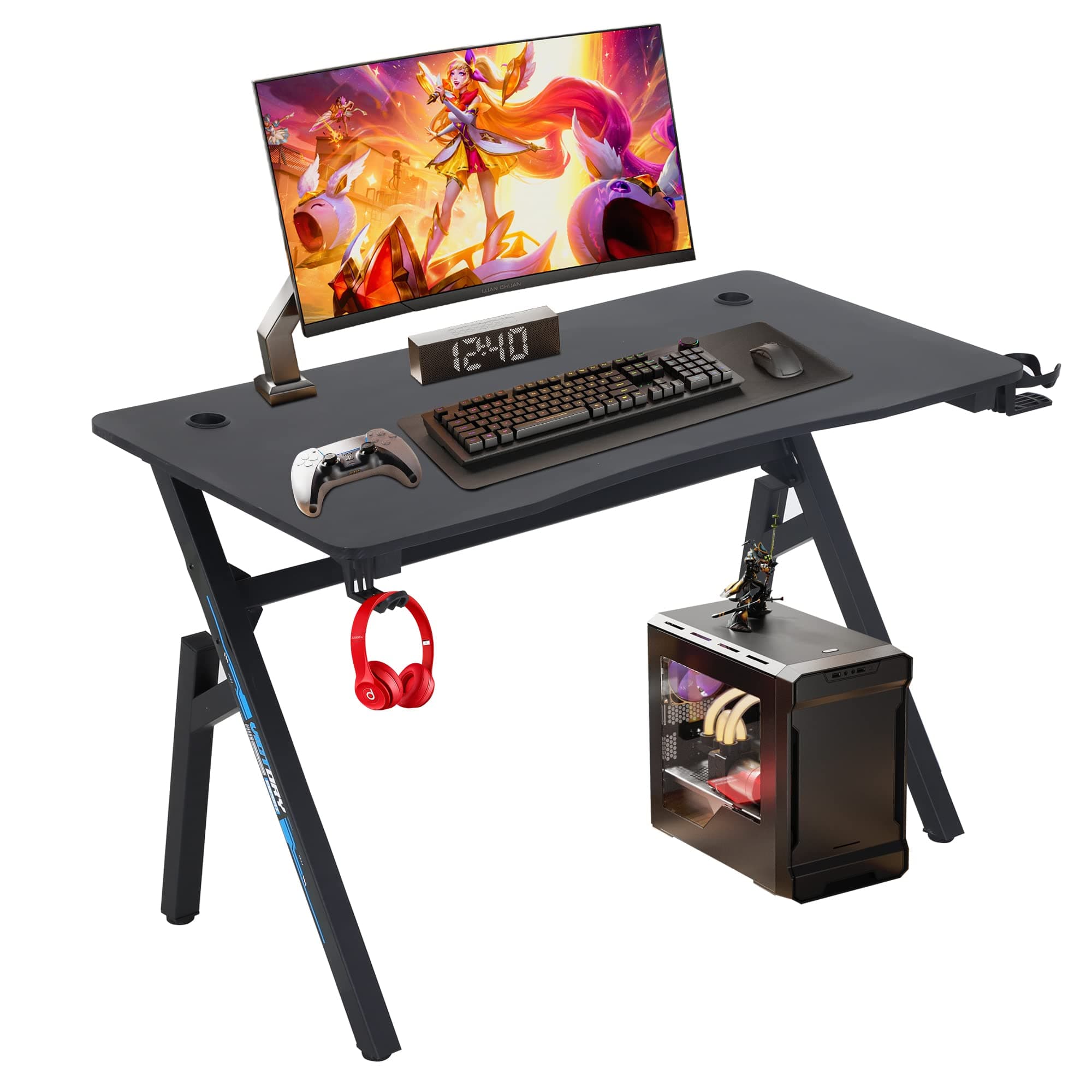 BestOffice | 47" Gaming Desk | Blue | Carbon Fiber Textured Computer Desk | Sturdy Steel Frame, Cup Holder, Headphone Hook, Cable Management Holes, Adjustable Leg Pads | for Gamers, Home, Office