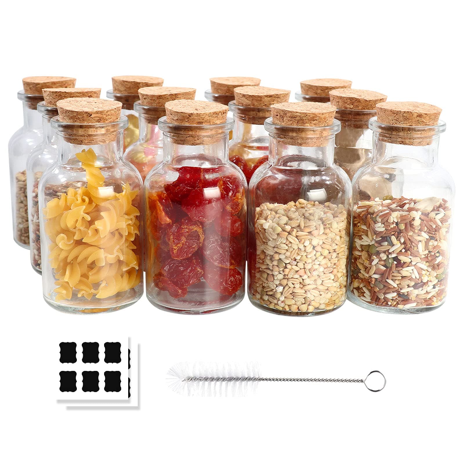 150ml Clear Glass Jars with Cork Lids,12 Pack Spice Jars 5oz Kitchen Storage Glass Bottles Cork Jars for Candy,Herbs,Tea Leaves,Seasoning