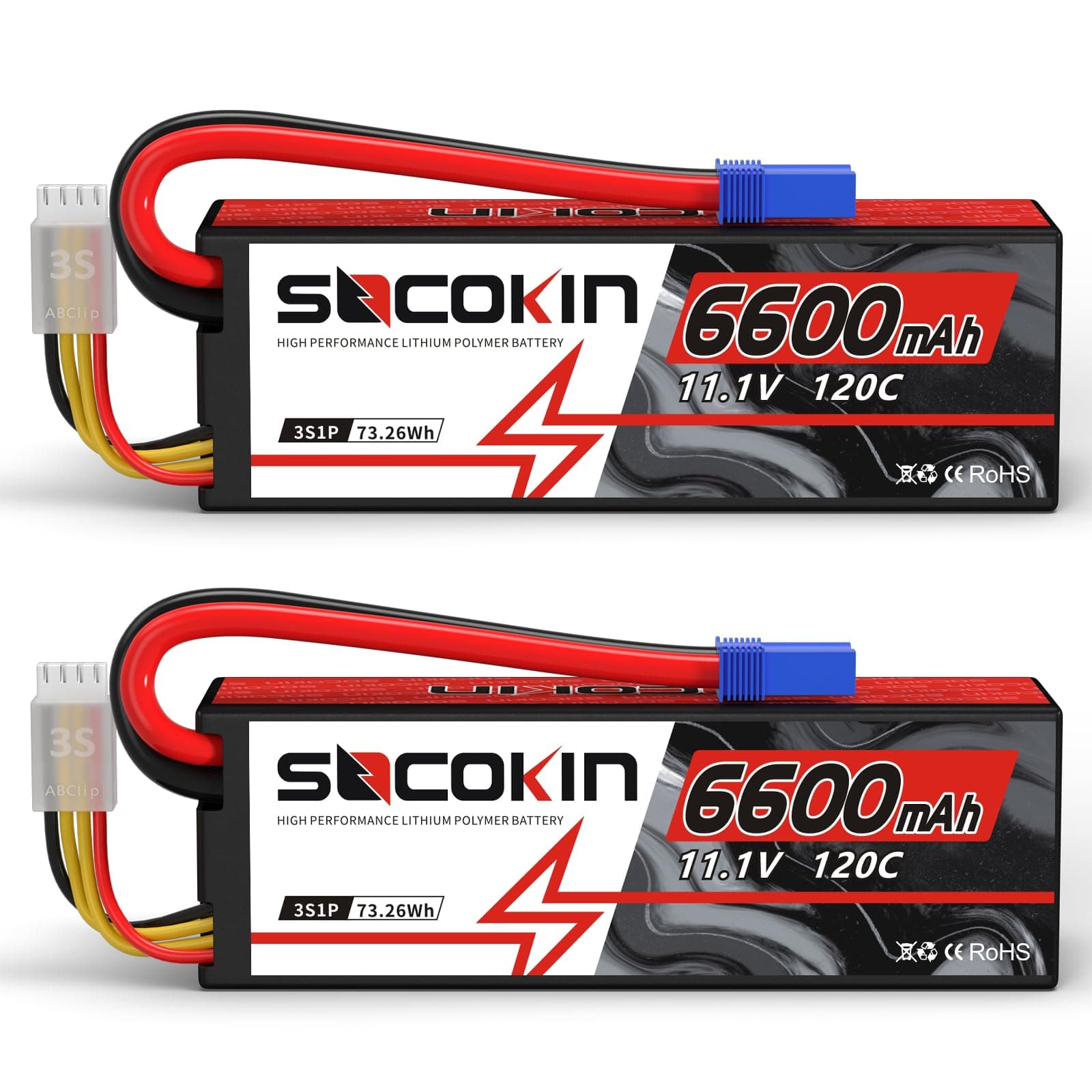 SOCOKIN 3S Lipo Battery 6600mAh 11.1V 120C with EC5 Connector Hard Case for RC Car Truck Boat Helicopter Airplane RC Model (2 Pack)