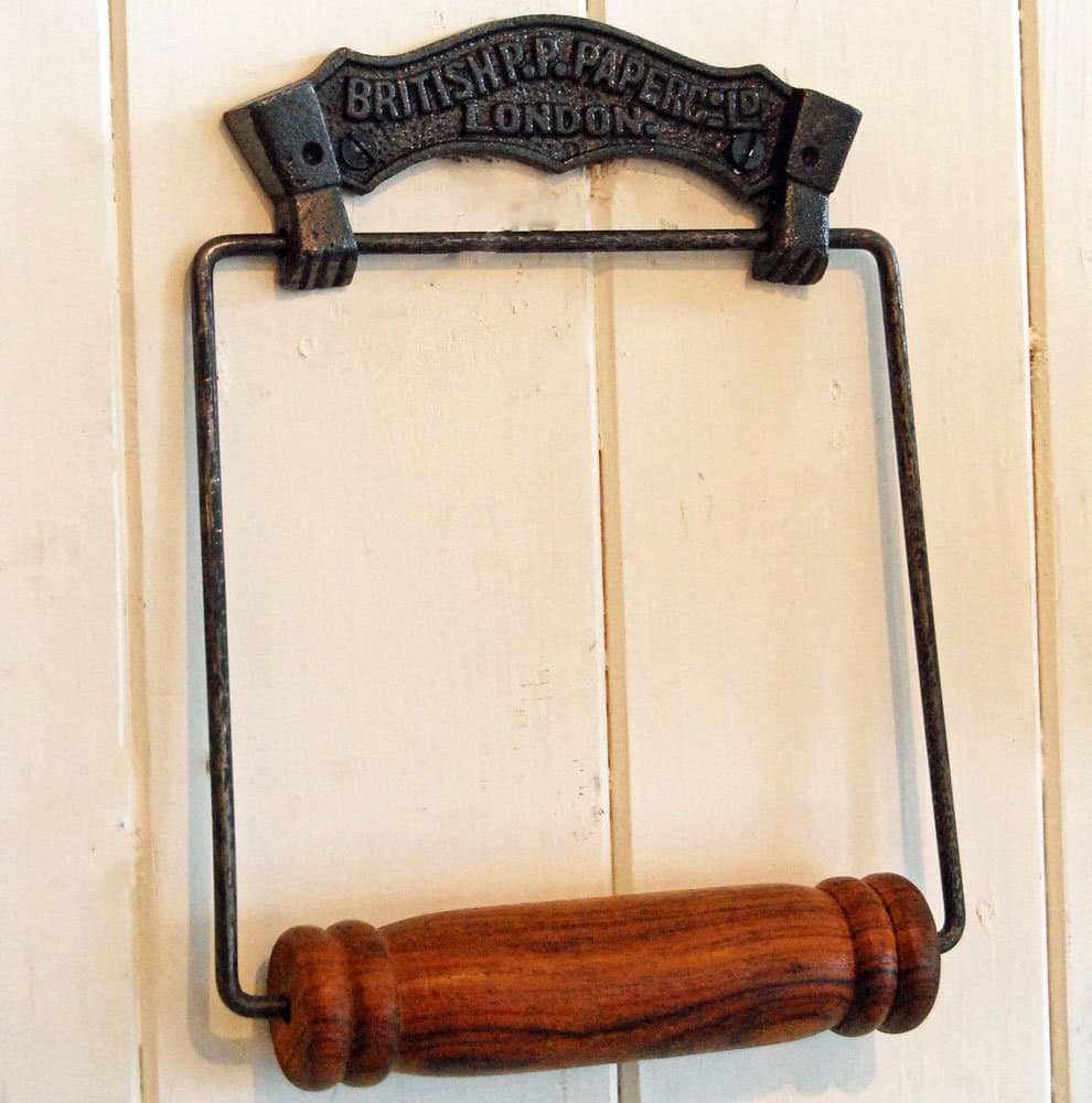 Vintage British paper design cast metal wall mounted toilet loo roll holder