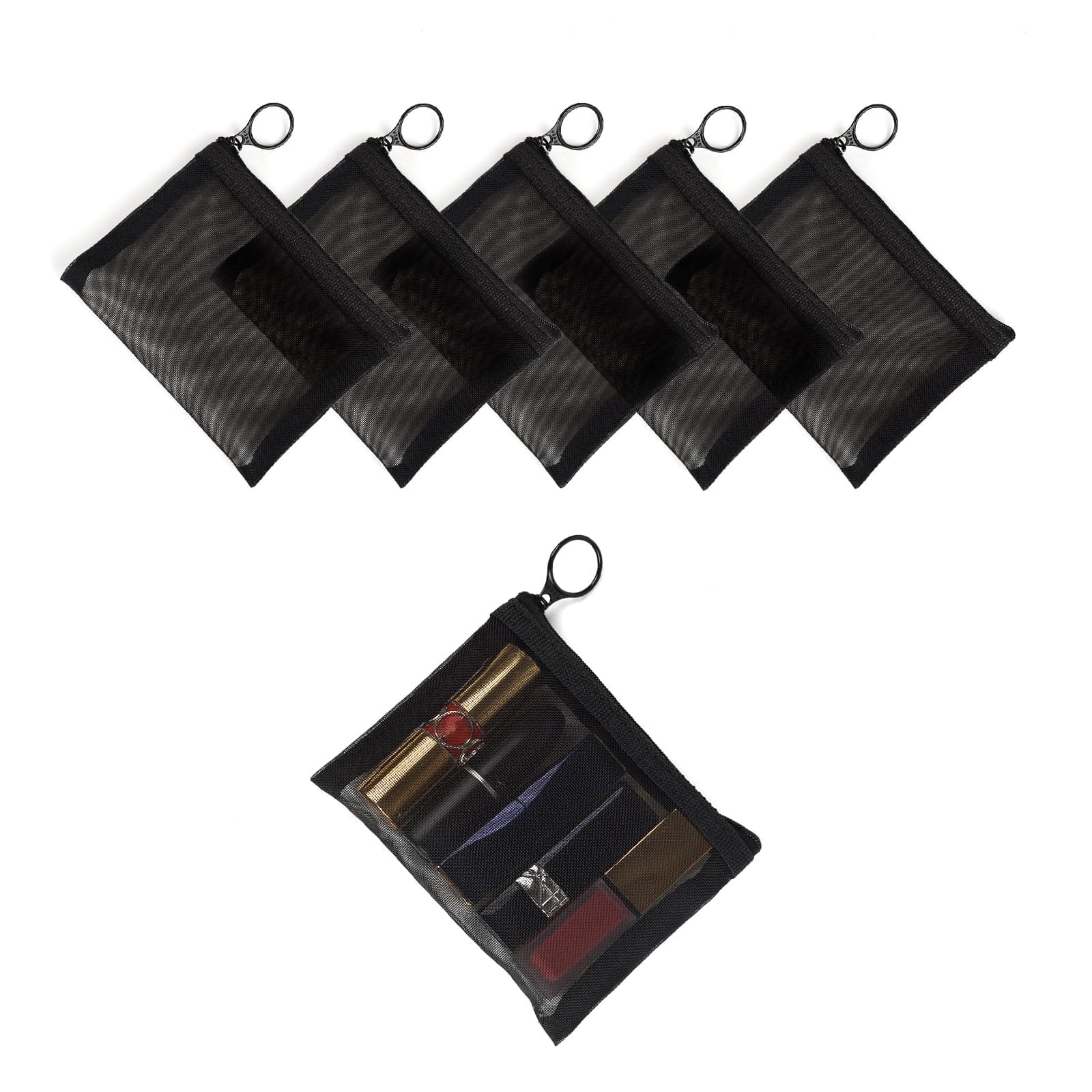 Patu Mini Zipper Mesh Bags, 4" x 5", Size S / A7, 5 Pieces, Beauty Makeup Lipstick Cosmetic Accessories Organizer, Small Travel Kit Storage Pouch, Black